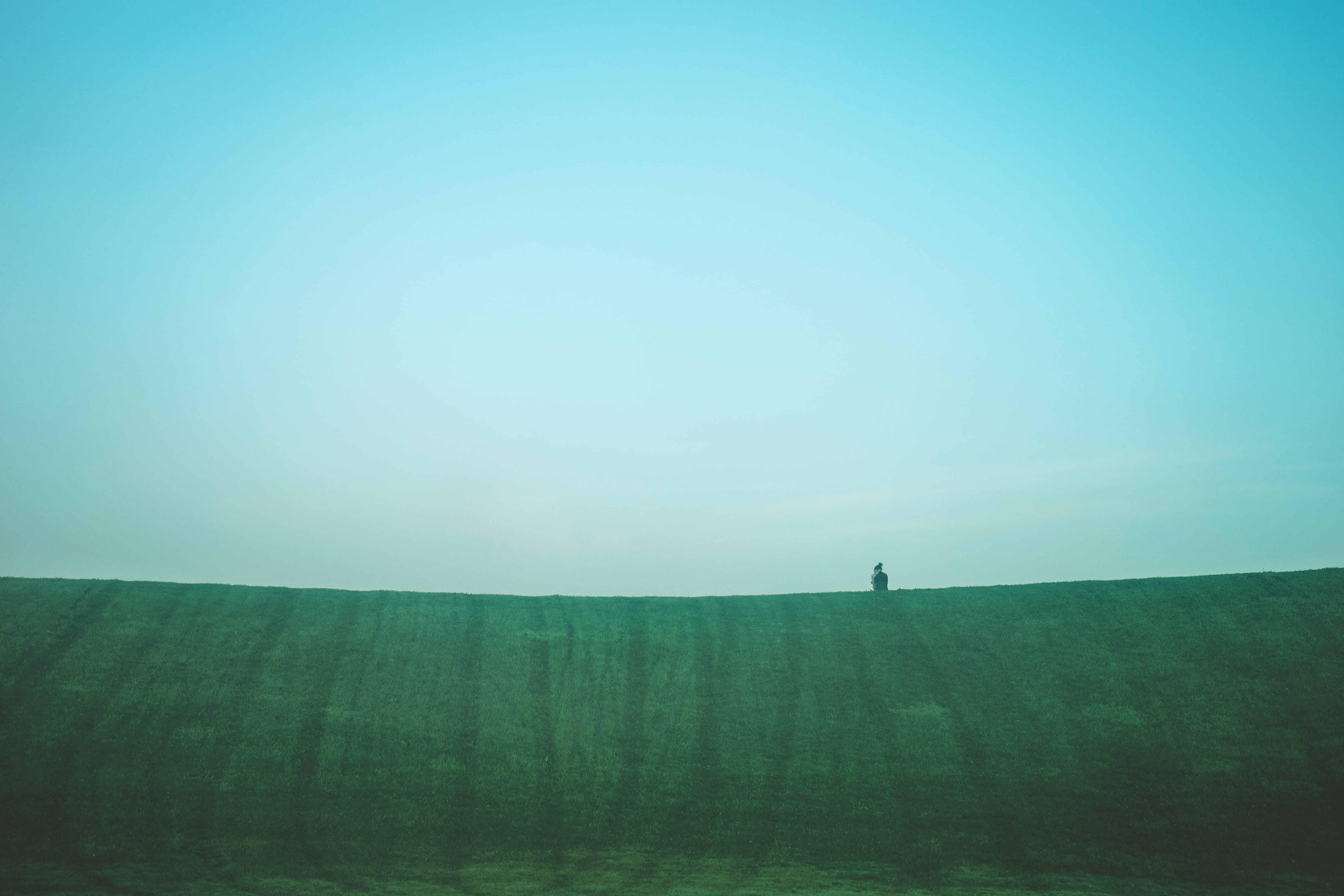 copy space, sitting, fog, girl, day, blue, tranquil scene, one person, jalna blvd, yoga, environment, nature, plant, foggy, woman, grass, solitude, beauty in nature, HD Wallpaper