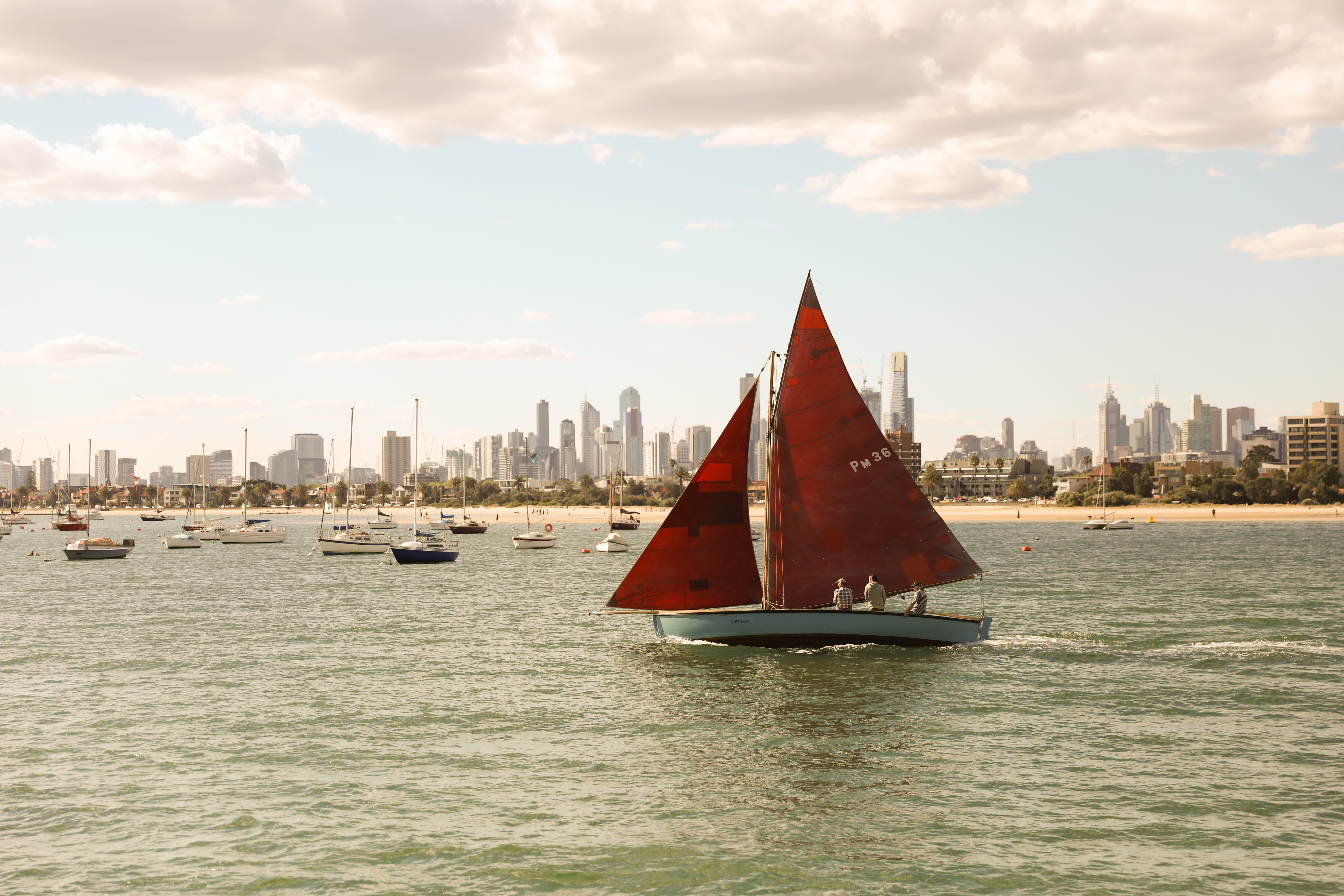 nautical vessel, sailing, human, cloud - sky, 7 jacka blvd, travel, boat, saint kilda, watercraft, urban skyline, nature, red, spire, sky, mode of transportation, HD Wallpaper