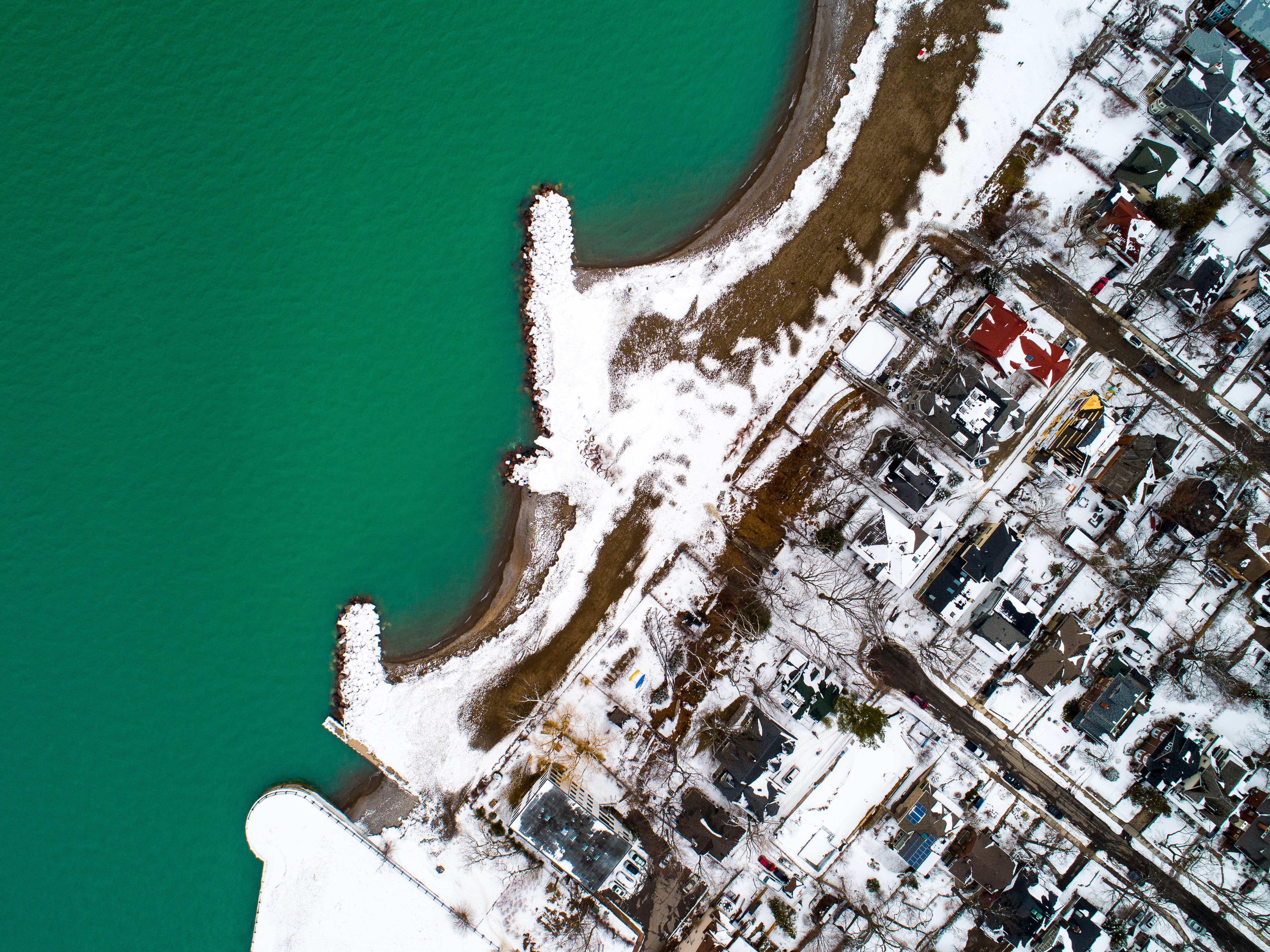 winter, white color, cold temperature, river, aerial view, coast, architecture, 4K, ocean, high angle view, building exterior, road, outdoors, snow, scenery, HD Wallpaper