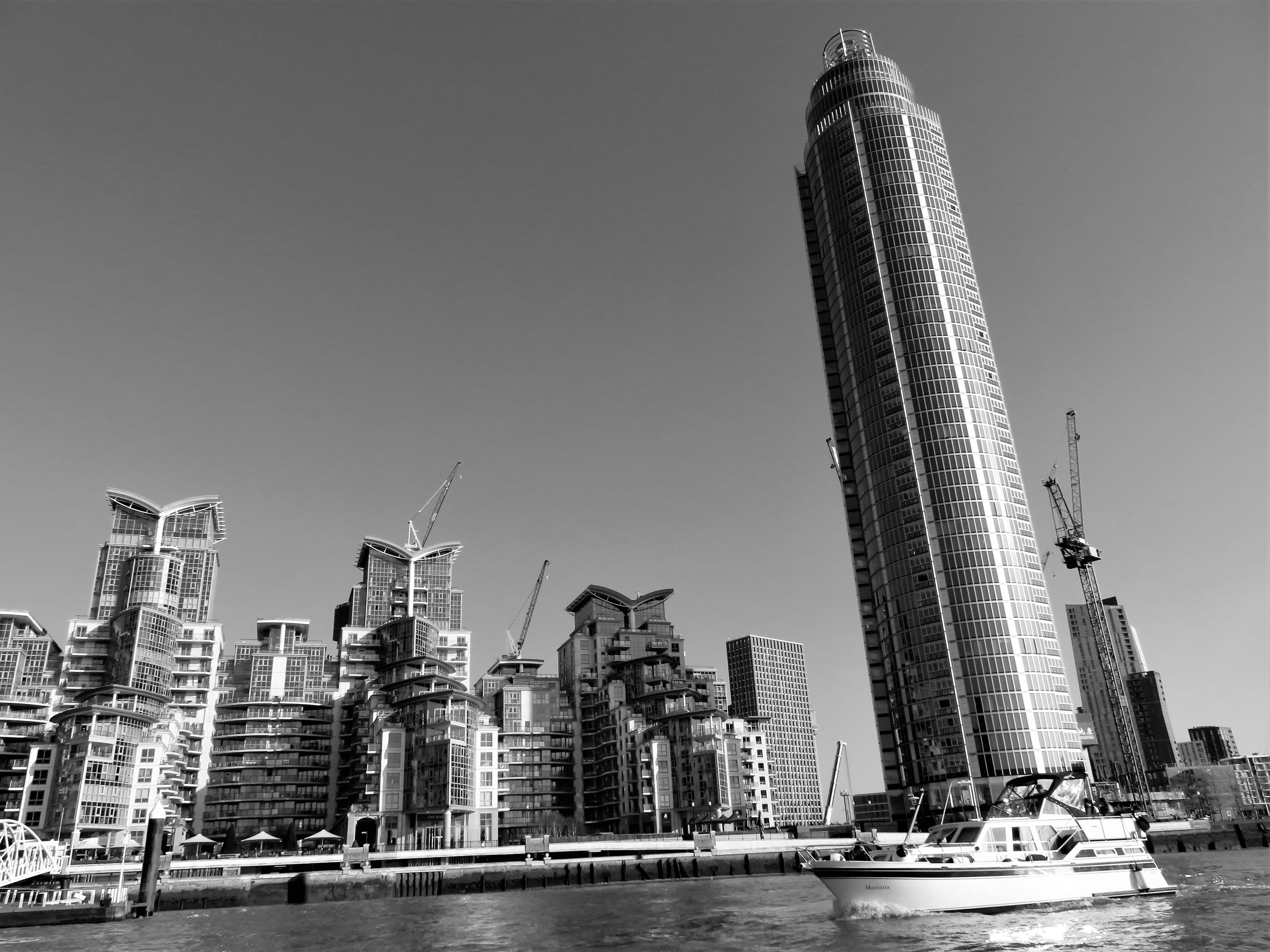 high, landscape, city, financial district, skyscraper, business, downtown, black and white, scenic, yatch, urban, tower, spire, architectural design, cityscape, HD Wallpaper