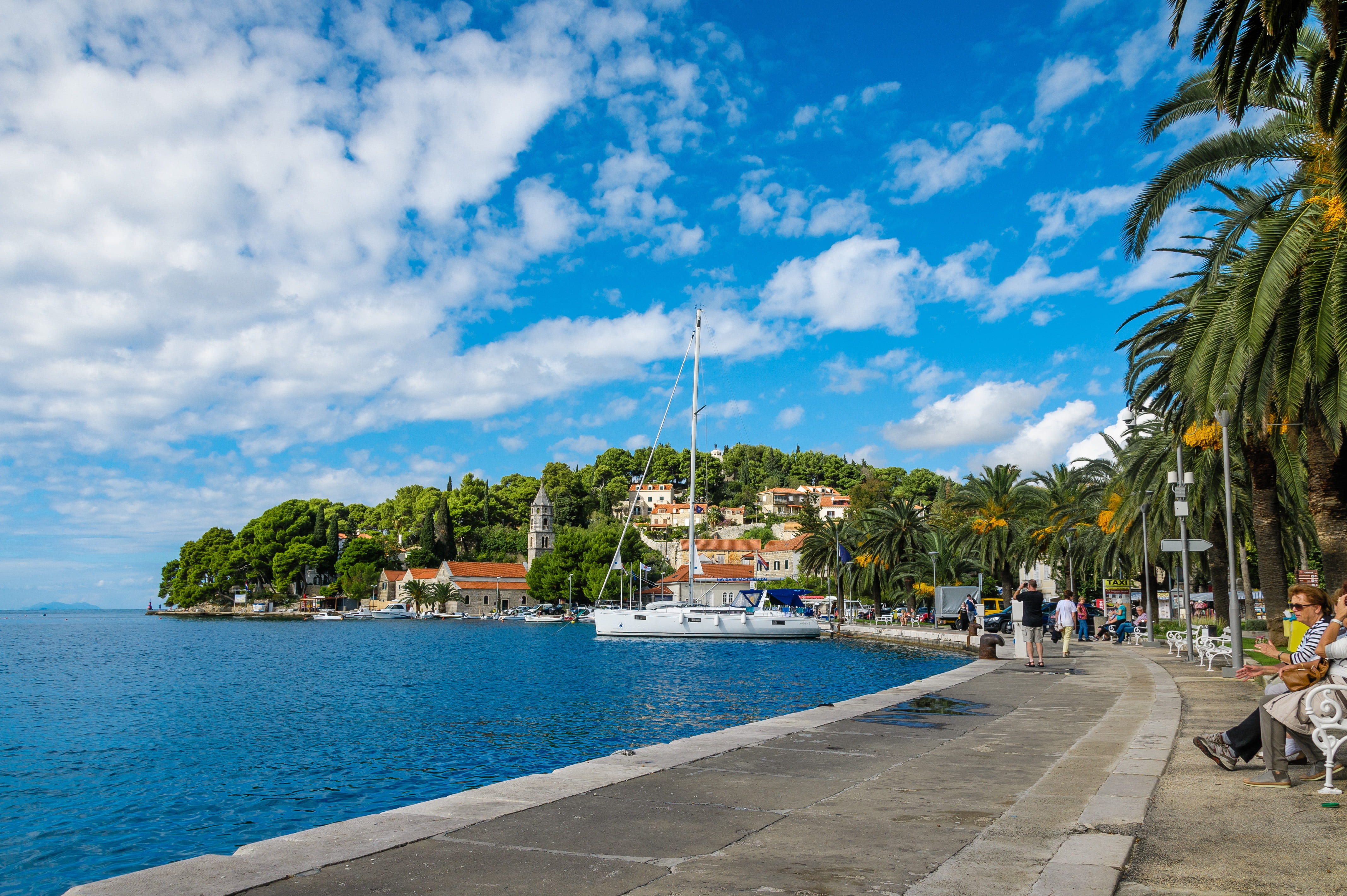 mediterranean, built structure, tropical climate, town, blue, sitting, yacht, marina, nautical vessel, nature, tourism, white, dalmatia, near, bay, coast, HD Wallpaper