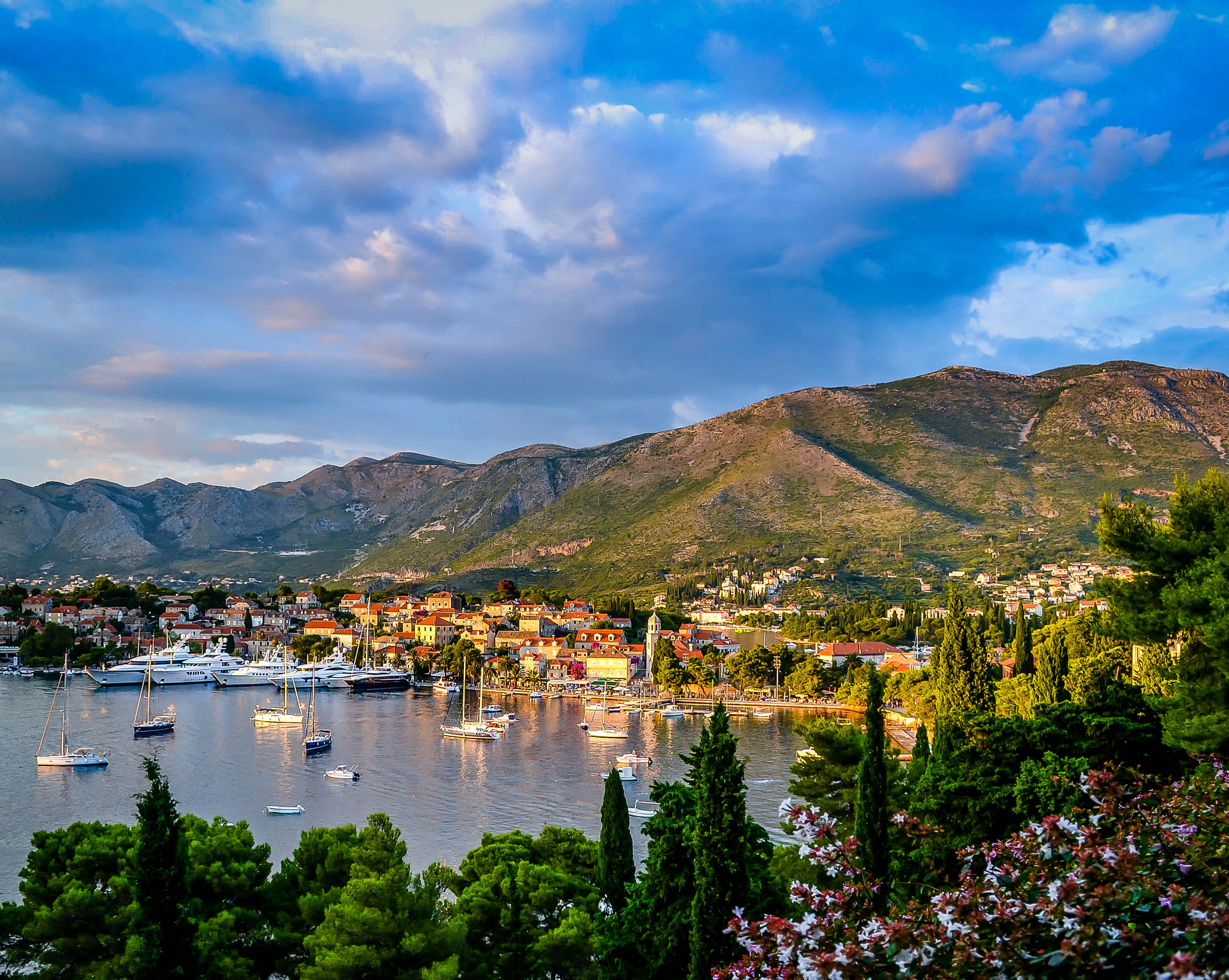 built structure, mountain, croatium, surrounded, photo, building, yatch, green, cloud - sky, harbor, travel destinations, cavtat, landscape, trees, houses, HD Wallpaper