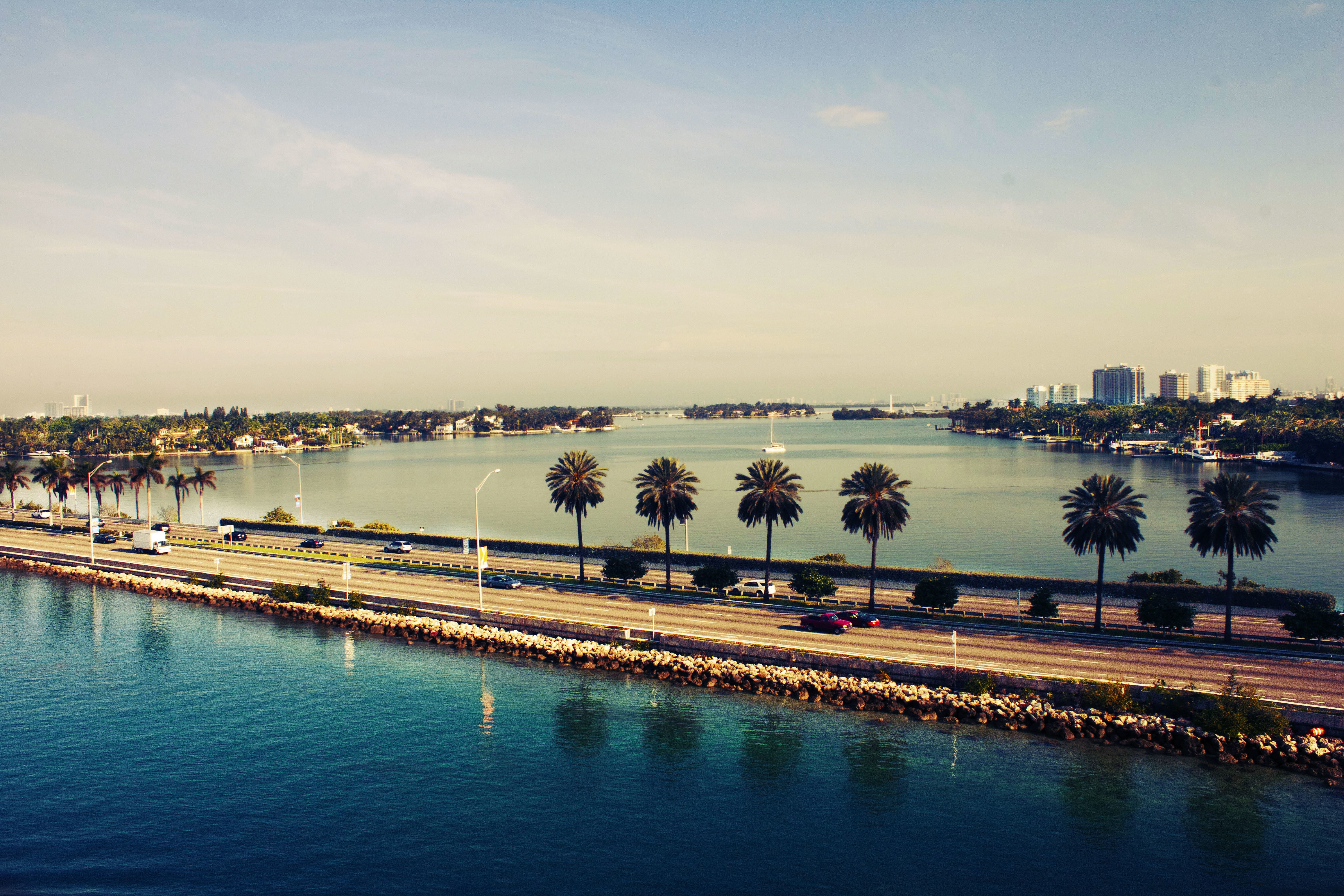 bay, bridge - Man Made Structure, FL, river, scenics - nature, blue, reflection, cloud - sky, water, sea, the ocean, Miami, waterfront, famous Place, sky, HD Wallpaper