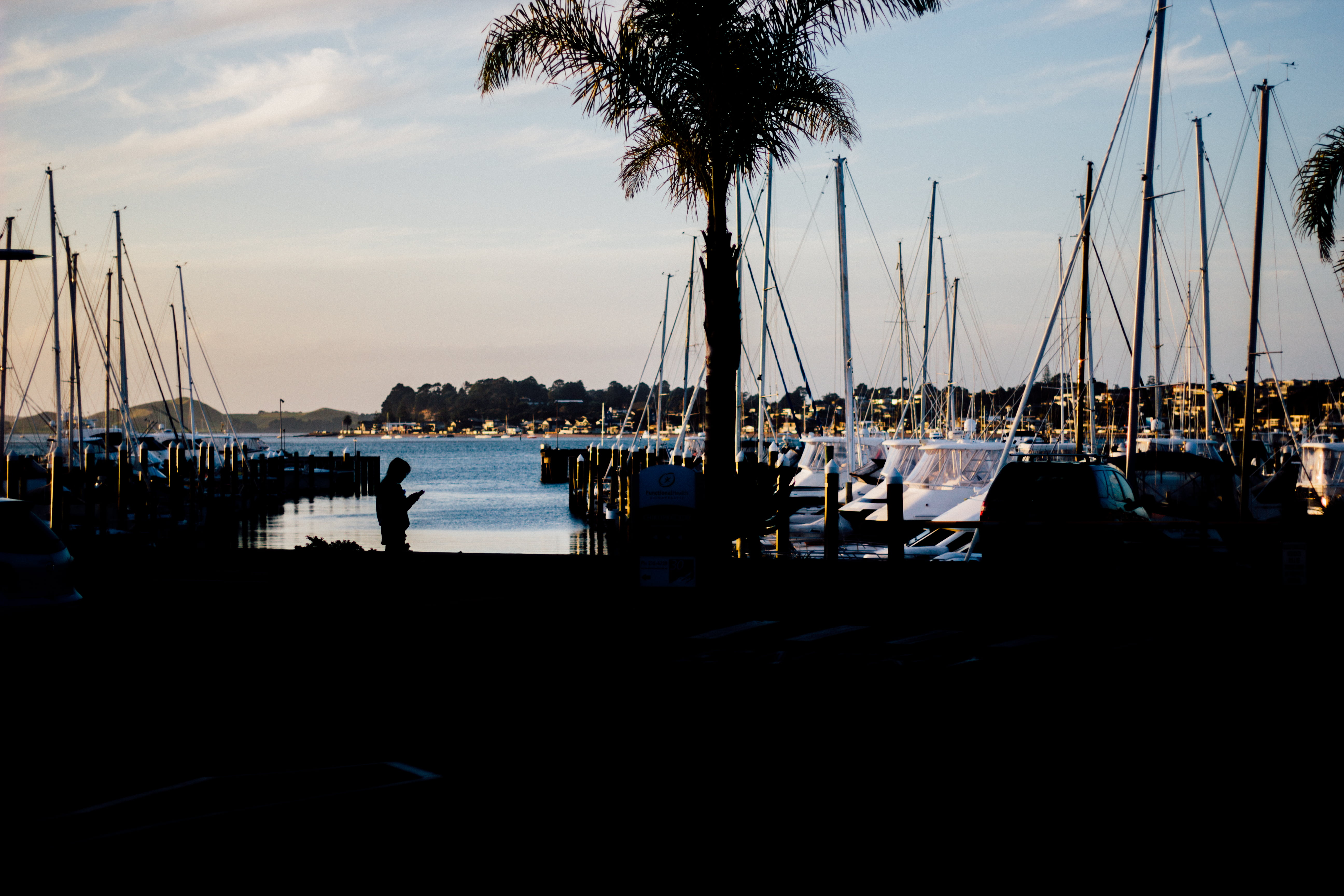 outdoors, sunset, nature, no people, nautical Vessel, pole, cloud - sky, mast, sky, tropical climate, tree, yacht, sailboat, harbor, water, marina, sea, HD Wallpaper