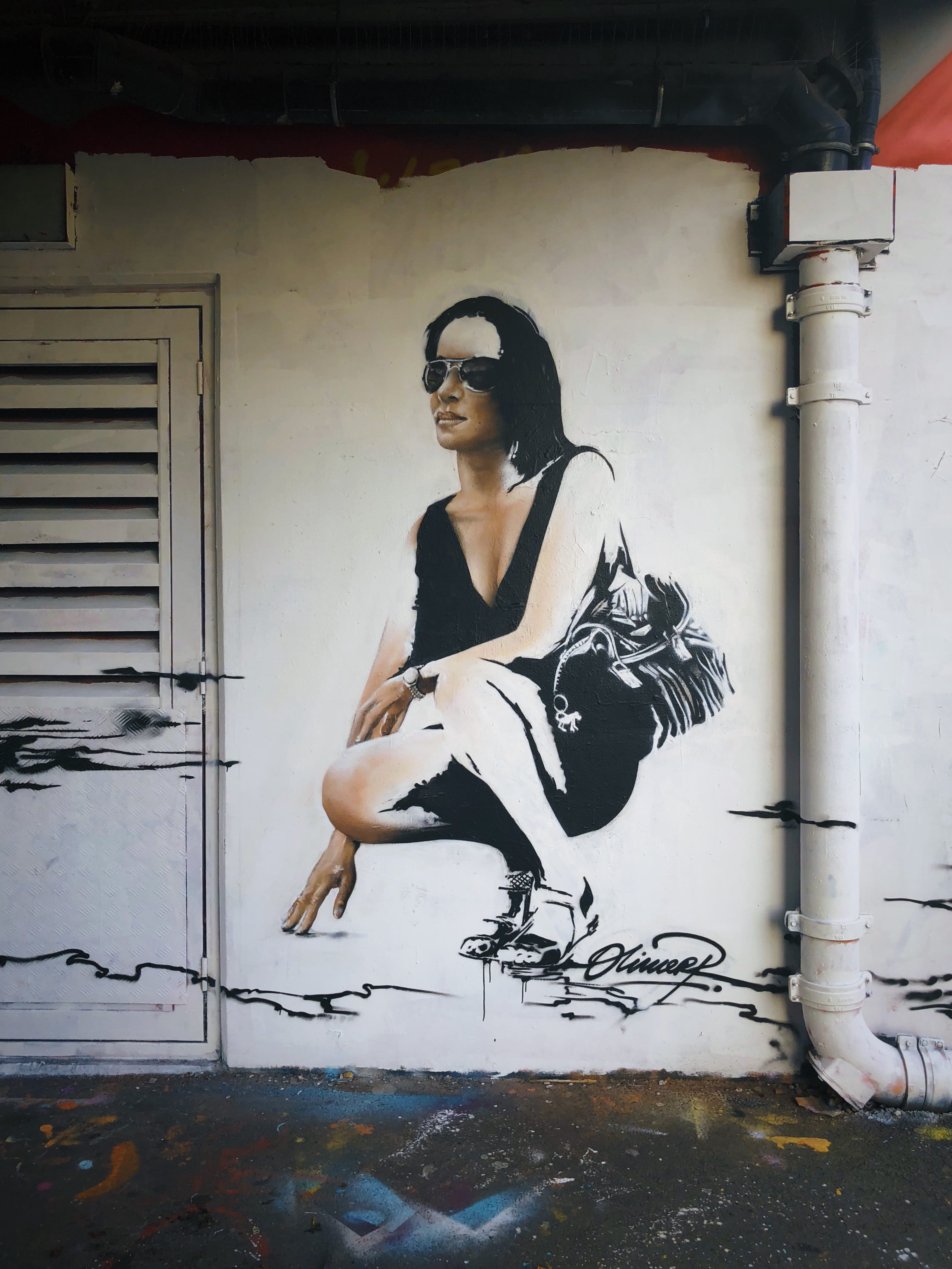woman, black, dress, lady, person, glasses, painting, apparel, real people, art, painted wall, 4K, drawing, wall, people, clothing, hairstyle, full length, Phone HD Wallpaper