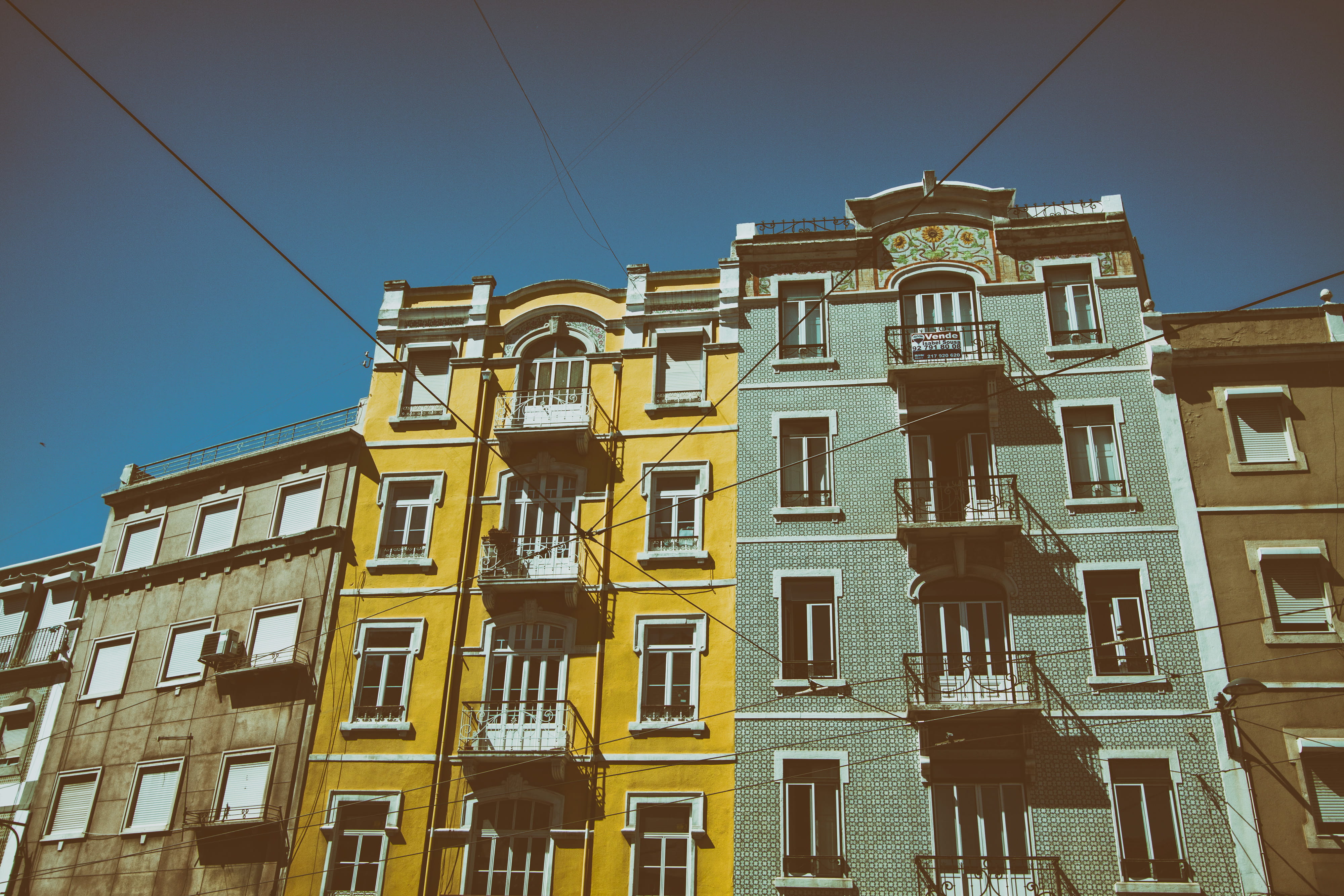 captured, blue, city, power line, yellow, urban Scene, balcony, nature, 4K, angle, clear sky, residential District, facade, day, shot, architecture, Portugal, HD Wallpaper