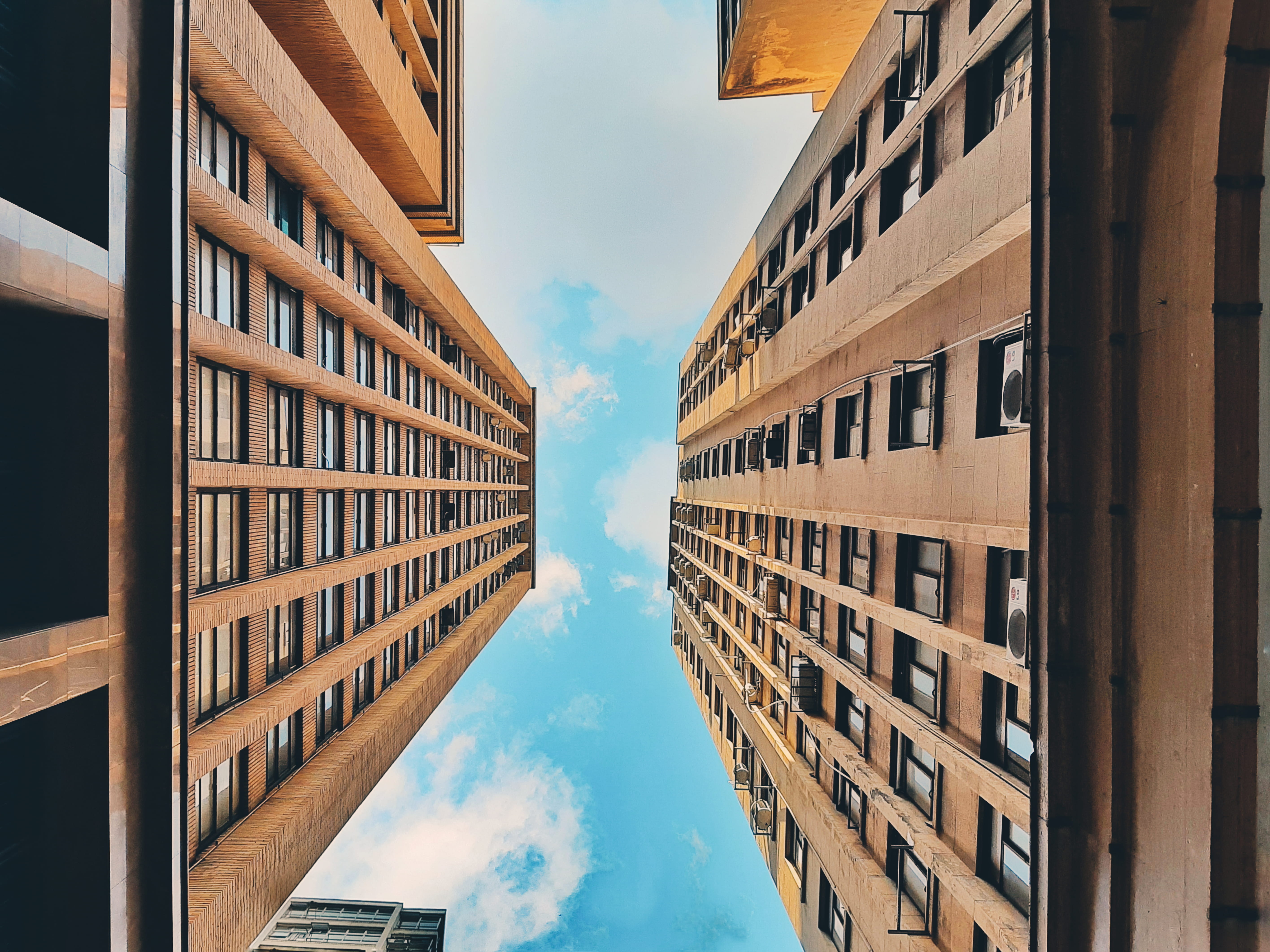angle, city, housing, apartment, no people, residential district, glass - material, outdoors, urban, photography, sky, building exterior, window, office building exterior, HD Wallpaper