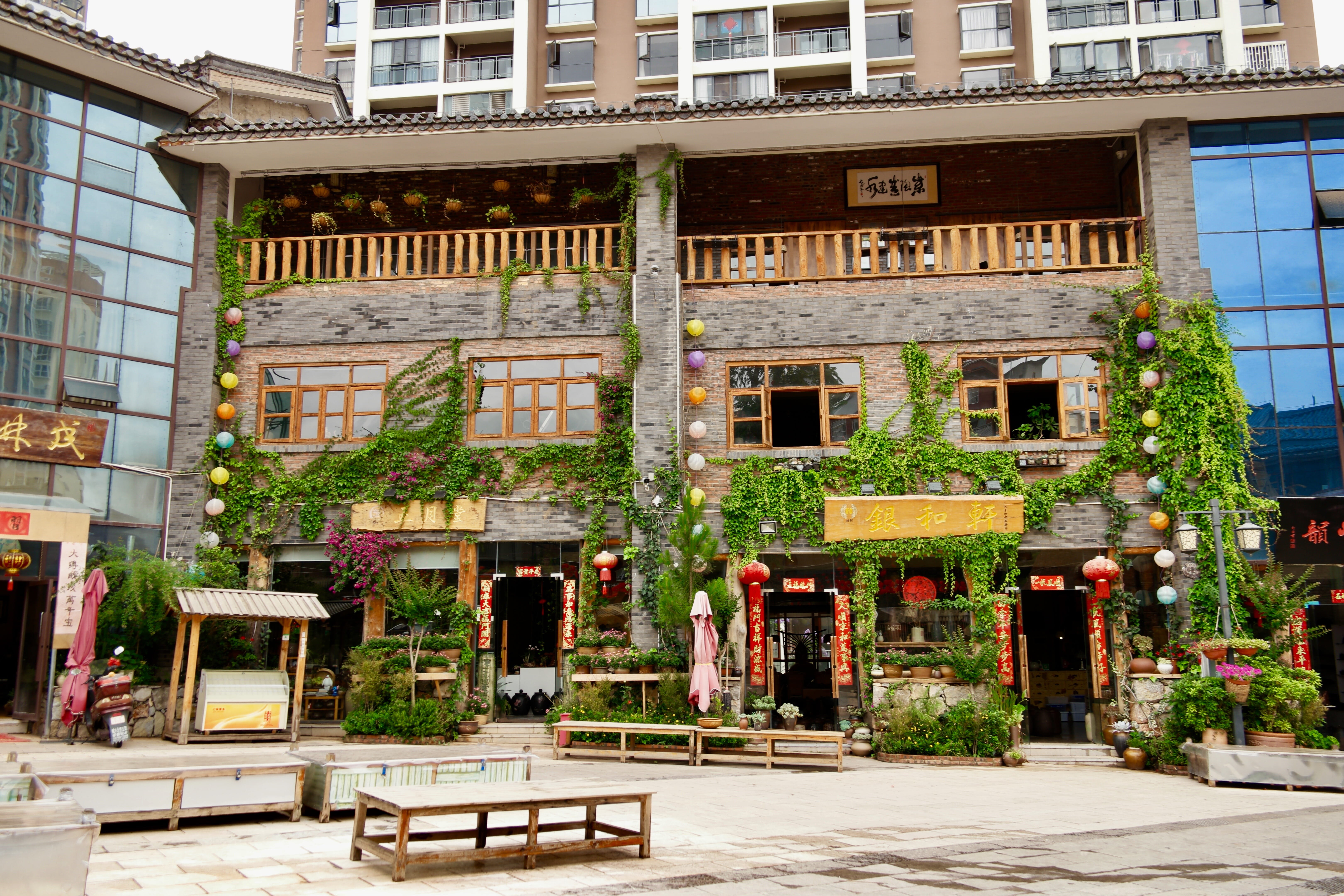 building, jar, built structure, growth, green, low, plant, china, downtown, sunlight, street, entrance, urban, outdoors, tree, window, 5K, building exterior, HD Wallpaper