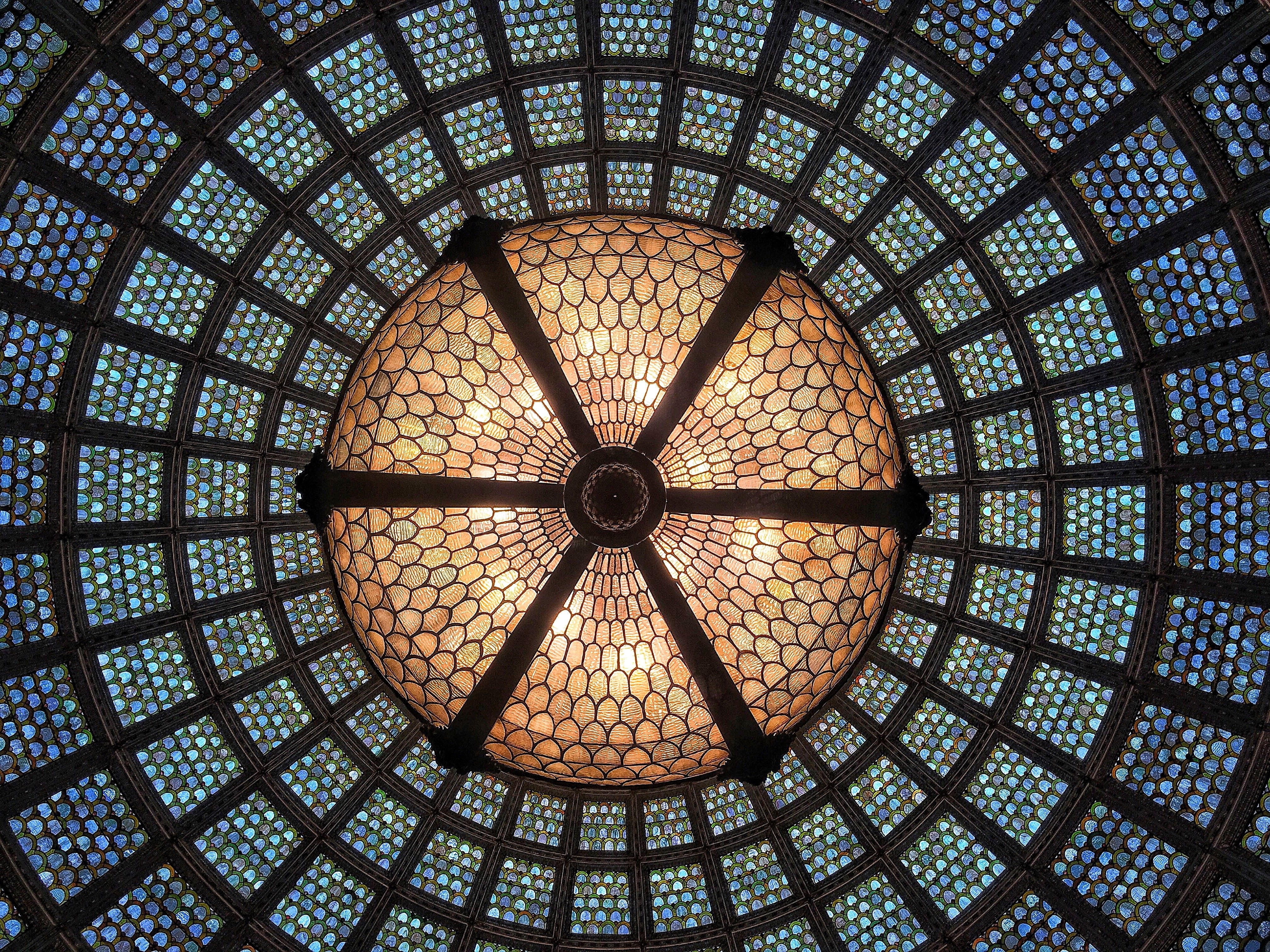 dome, skylight, design, geometric, window, ceiling, glass, light, mosaic, built structure, low angle view, brown, 4K, architecture and art, art and craft, HD Wallpaper