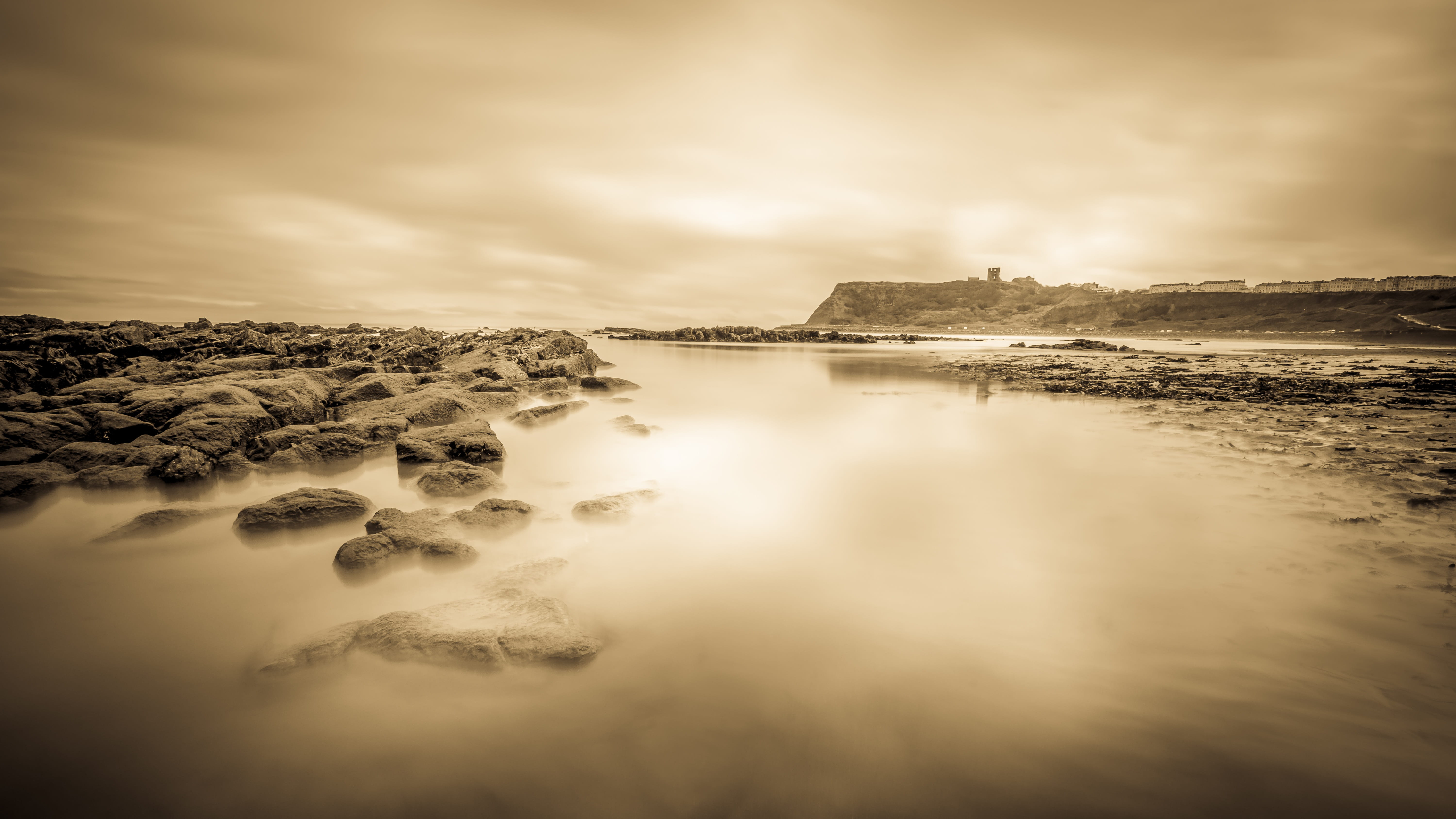 cloud - sky, rock - object, sky, holiday, lagoon, sepia, land, solid, 5K, tranquility, seascape, water, sea, marine drive, environment, coast, castle, HD Wallpaper