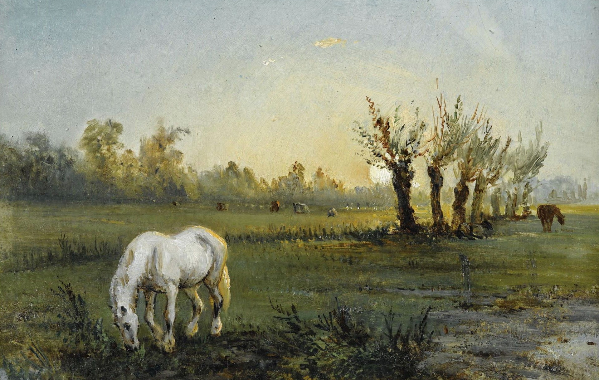 1080P, landscape, White horse on the Meadow, picture, Camille Pissarro, HD Wallpaper