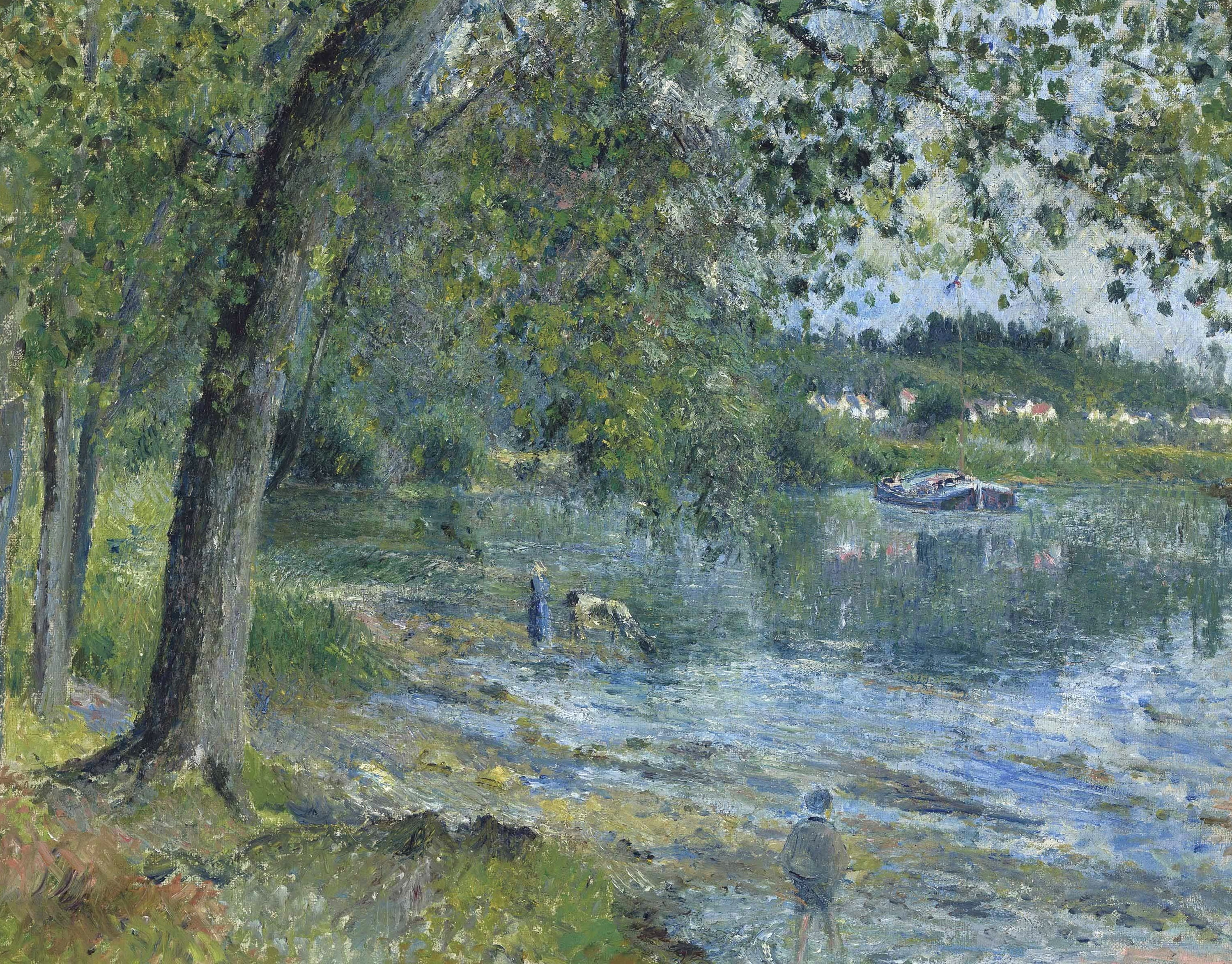 2K, landscape, The banks of the River Oise in Auvers-sur-Oise, Camille Pissarro, picture, nature, HD Wallpaper