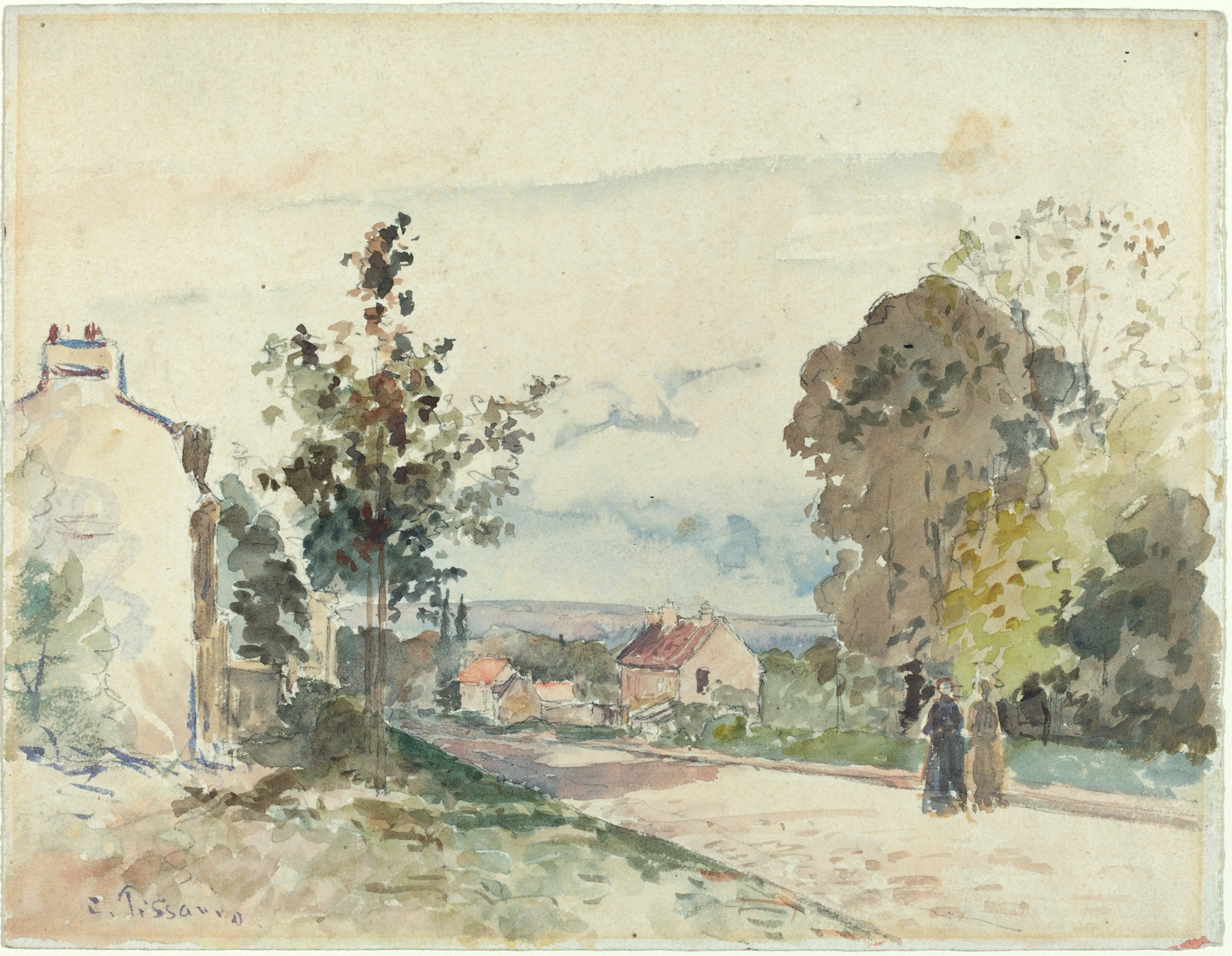 The road from Versailles to Louveciennes, 2K, figure, Camille Pissarro, watercolor, landscape, HD Wallpaper