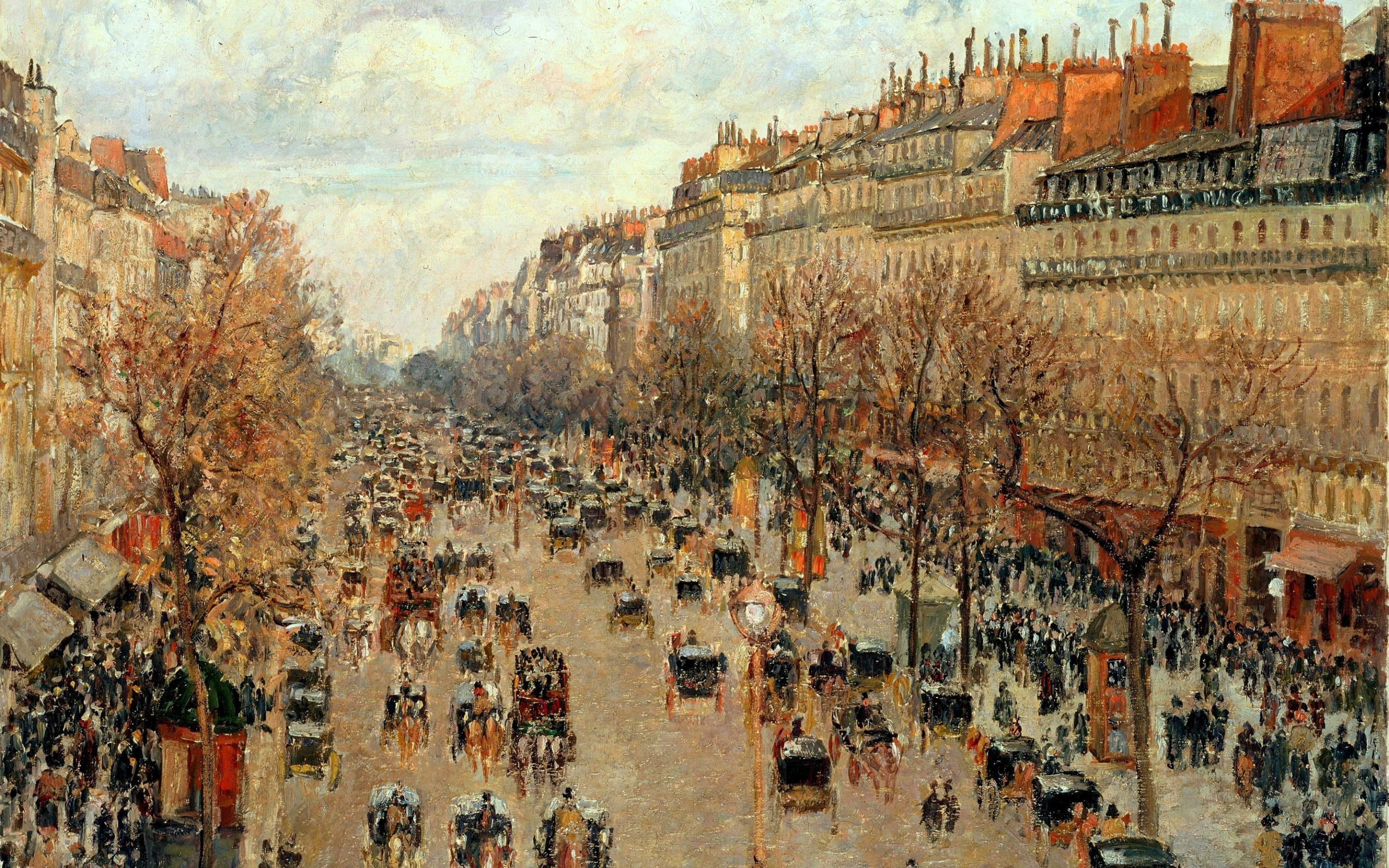 building, horse, Crowds, painting, architecture, People, Trees, artwork, Camille Pissarro, Paris, Urban, 2K, Montmartre, street, HD Wallpaper