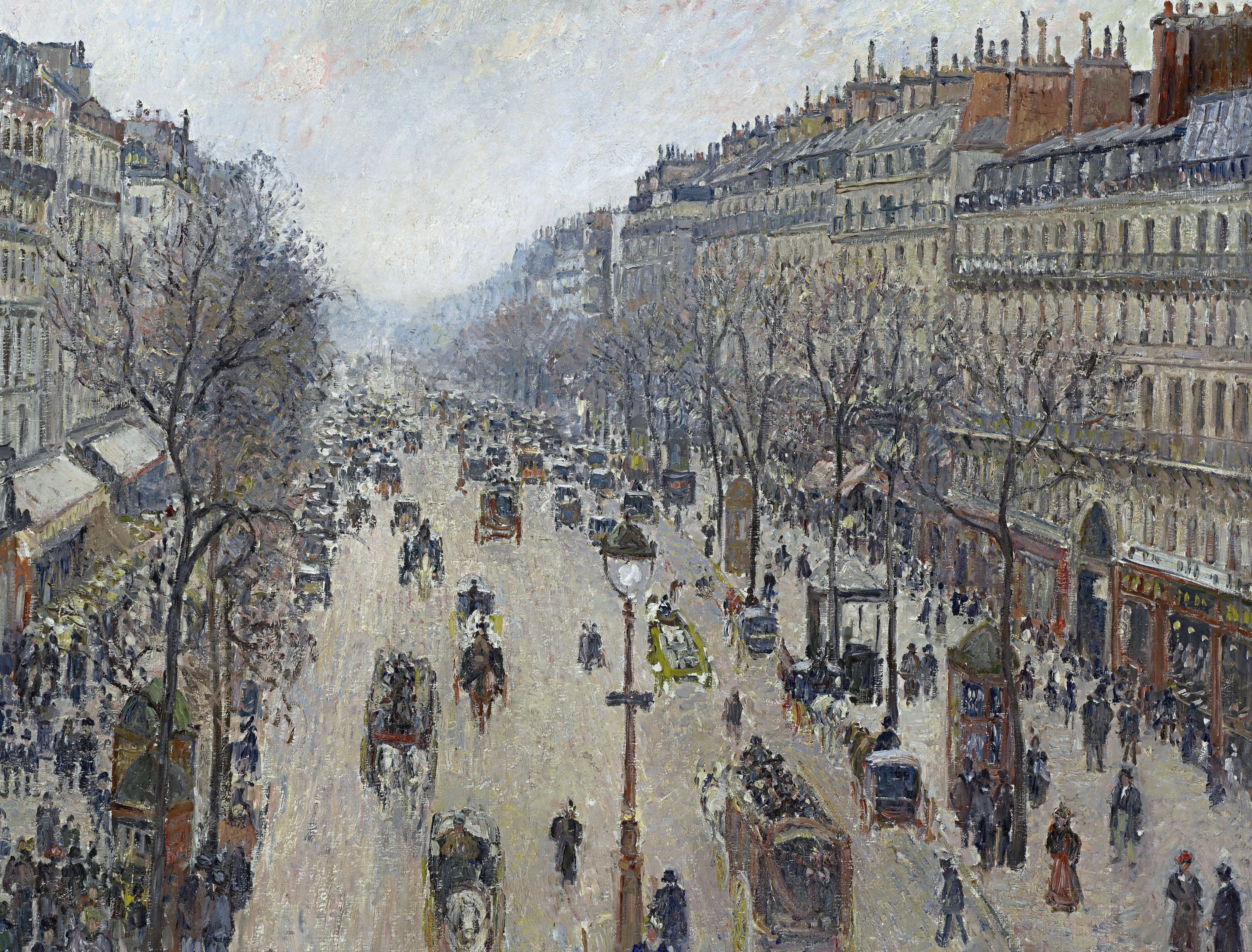 the urban landscape, picture, home, street, Camille Pissarro, The Boulevard Montmartre. Morning. Overcast, 5K, HD Wallpaper