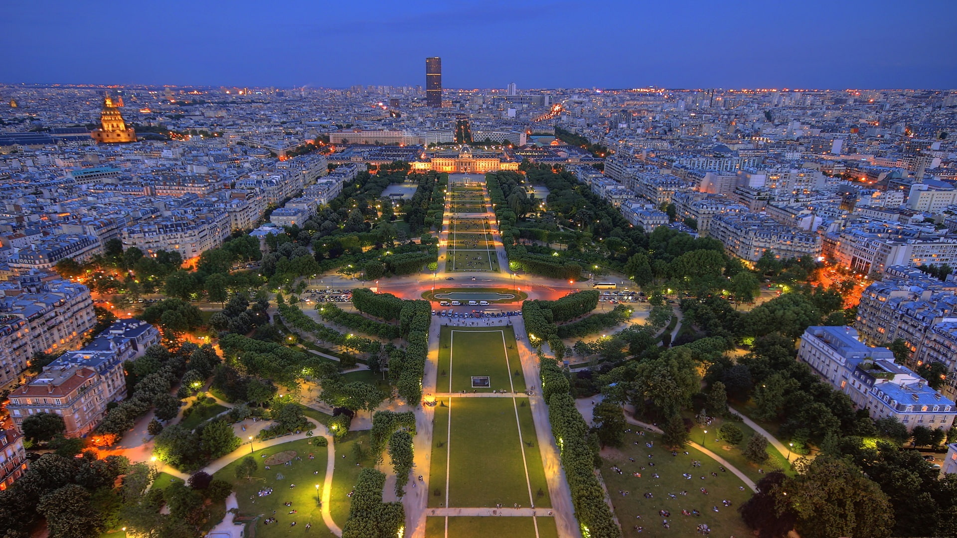 twilight, Tuileries, garden, panorama, Park, Paris, lights, France, 1080P, HD Wallpaper