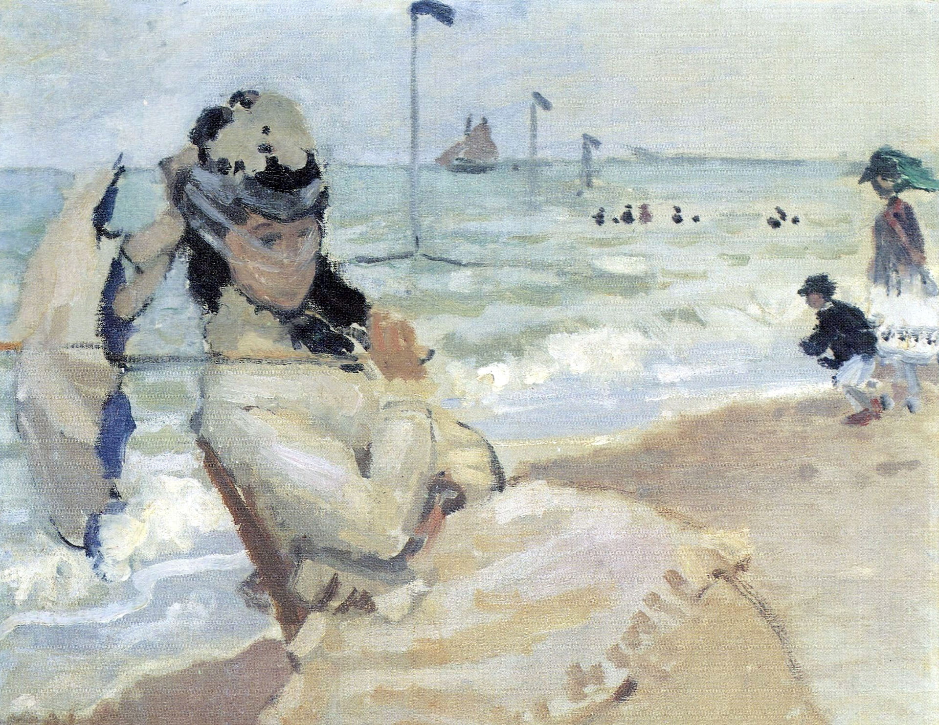 sail, boat, girl, Camille on the Beach at Trouville, umbrella, veil, picture, 1080P, Claude Monet, genre, seascape, HD Wallpaper