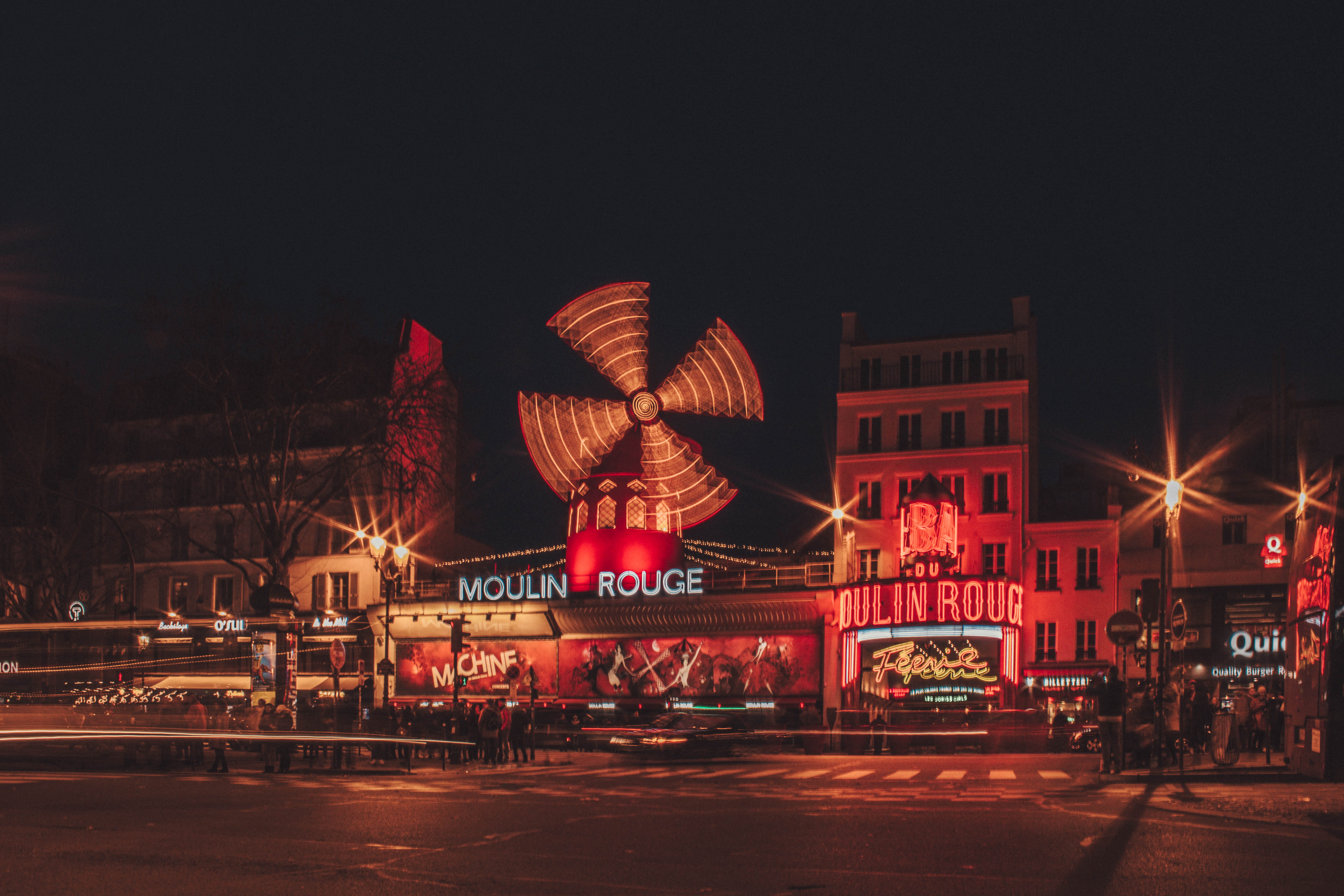 5K, rouge, moulin, street, road, city life, beside, nighttime, night, nature, building exterior, transportation, mode of transportation, sky, city, no people, HD Wallpaper