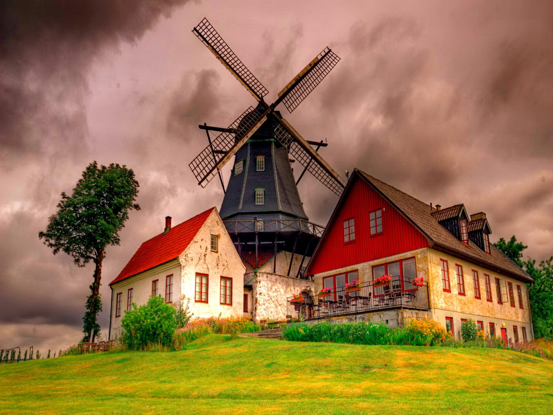 peaceful, beige, mountain, storm, mill, 1080P, red, brick, house, slope, beautiful, nature, green, cabin, cottag, grass, flowers, HD Wallpaper