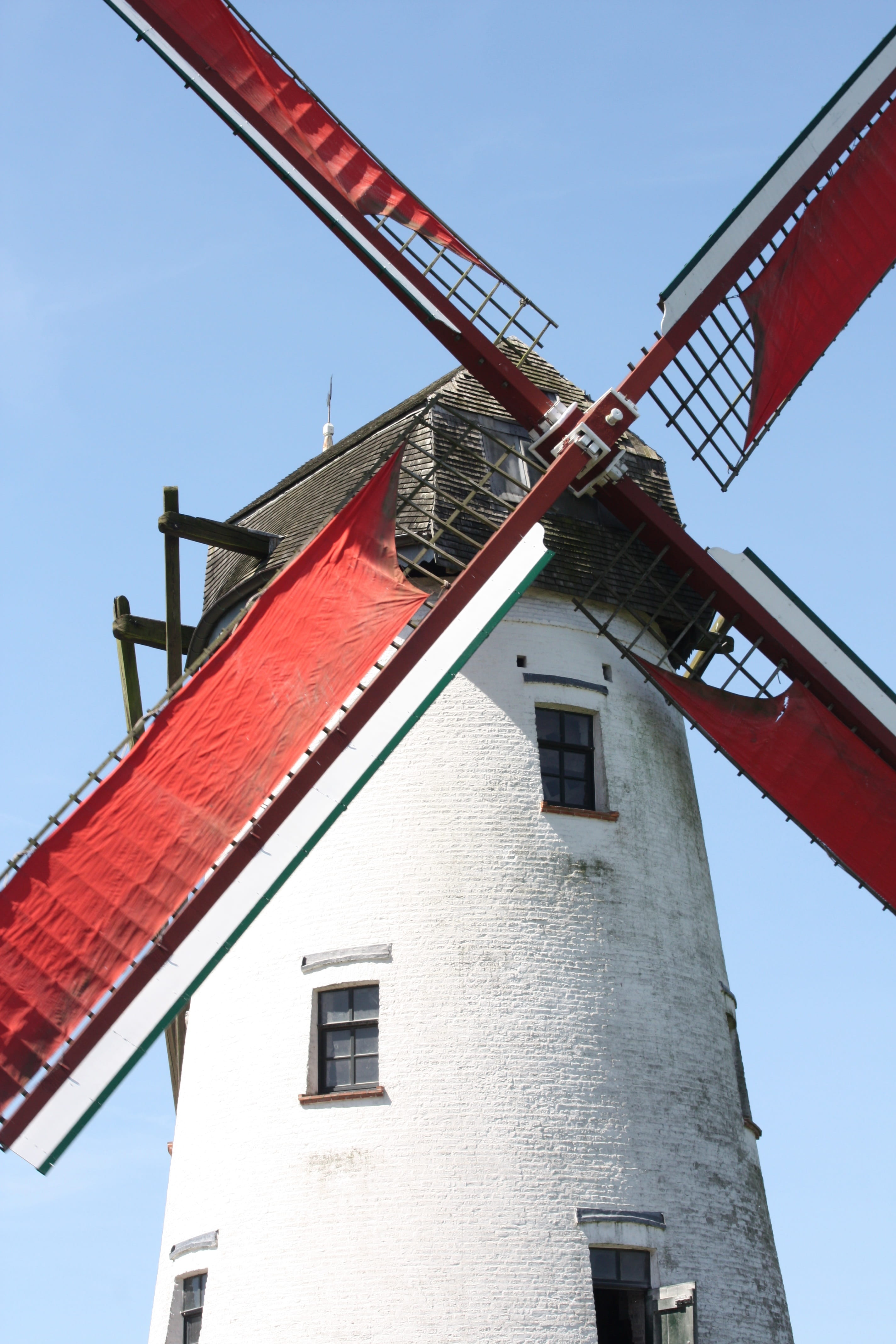 nature, red, low angle view, built structure, day, 4K, Mill, building, wind turbine, window, house, Bruges, residential district, sky, alternative energy, Phone HD Wallpaper