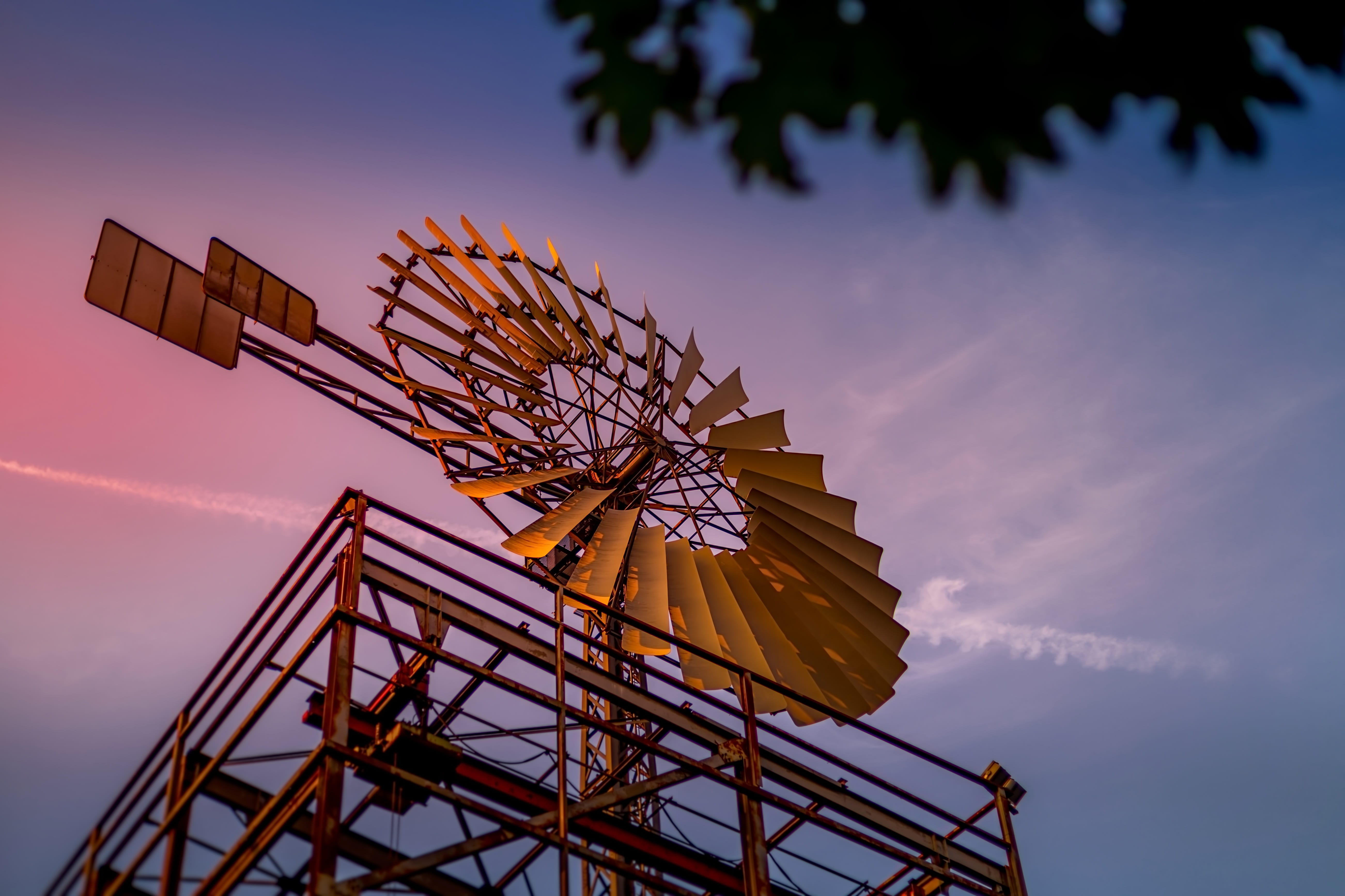 windmill, alternative energy, mill, technology, cloud - sky, blue, sunset, landscape, low angle view, arts culture and entertainment, colorful, sun, metal, HD Wallpaper