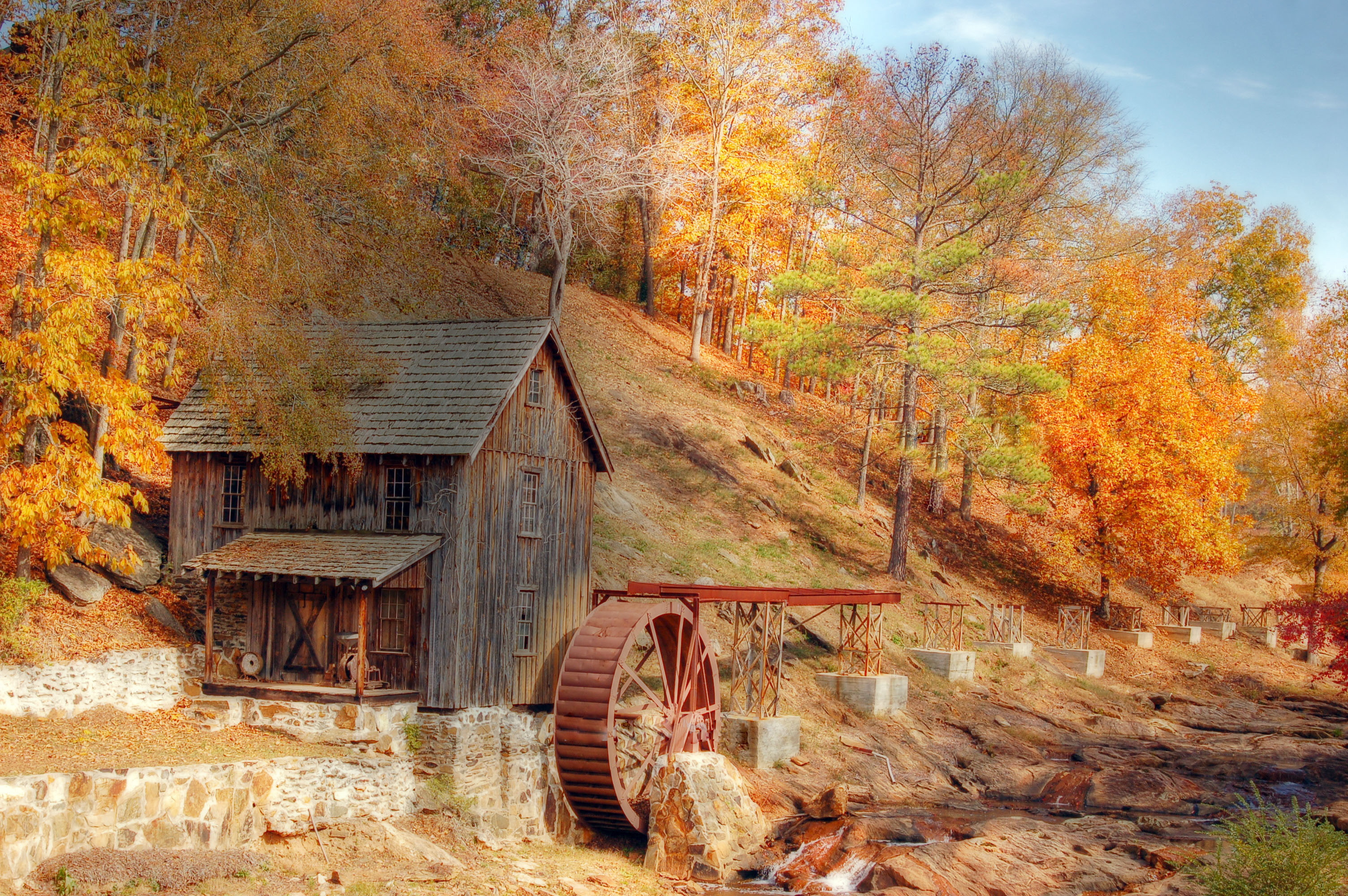 red-yellow leaves, stream, autumn, old mill, trees, 2K, HD Wallpaper