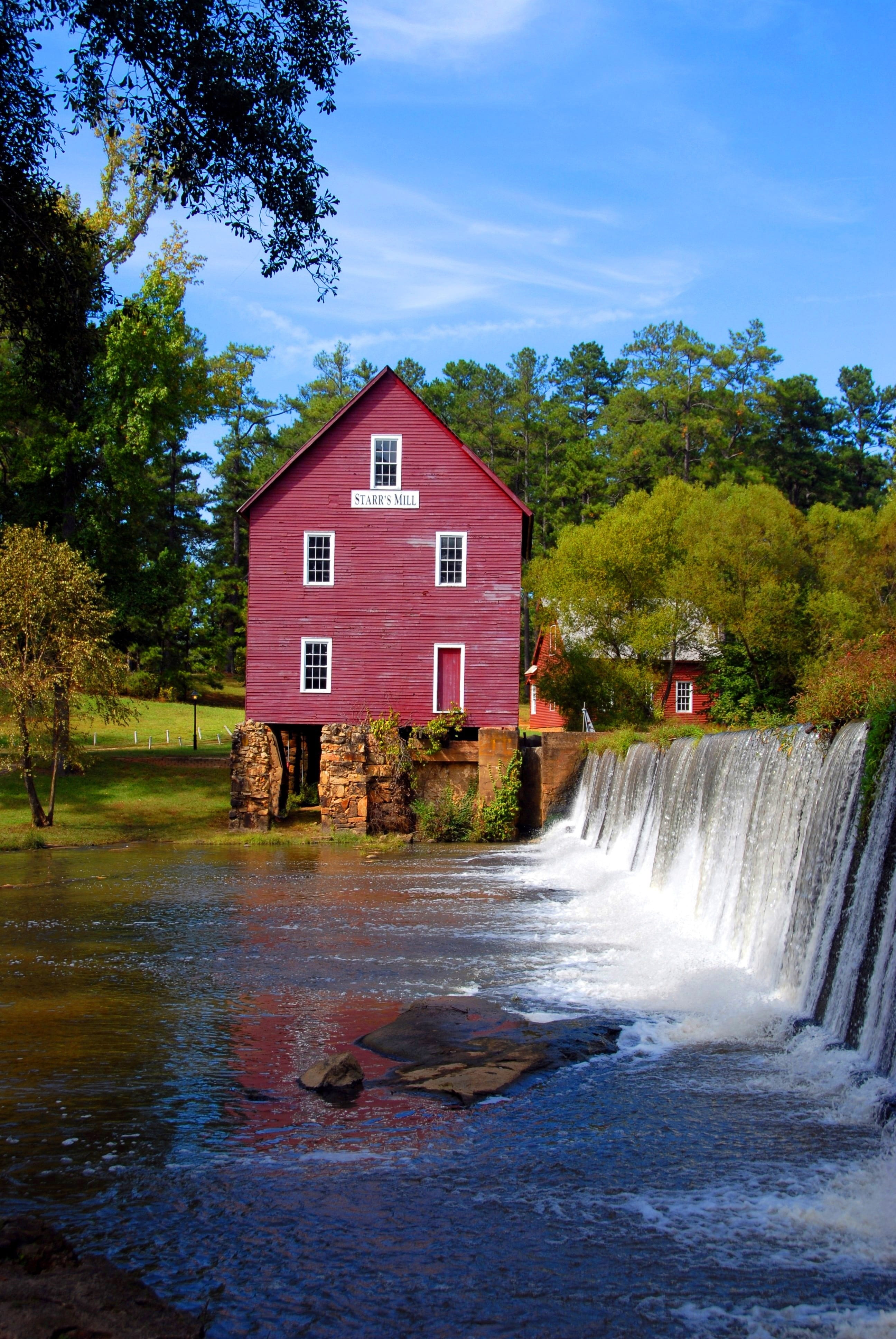 built structure, wooden, flowing water, red, water, park, daytime, cloud - sky, tree, no people, day, scenic, residential district, beauty in nature, rural, Phone HD Wallpaper