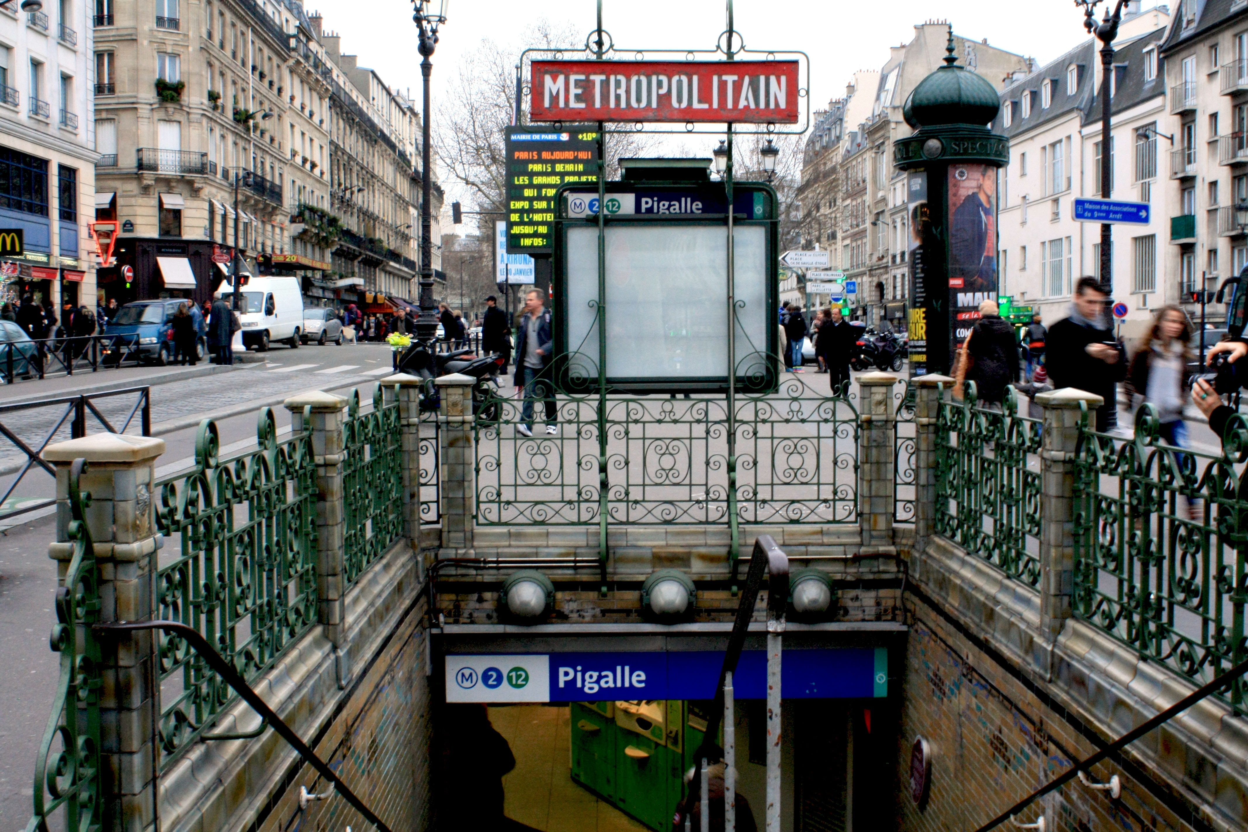 4K, non-western script, women, street, crowd, group of people, Pigalle, mode of transportation, building exterior, outdoors, communication, Metro, France, HD Wallpaper