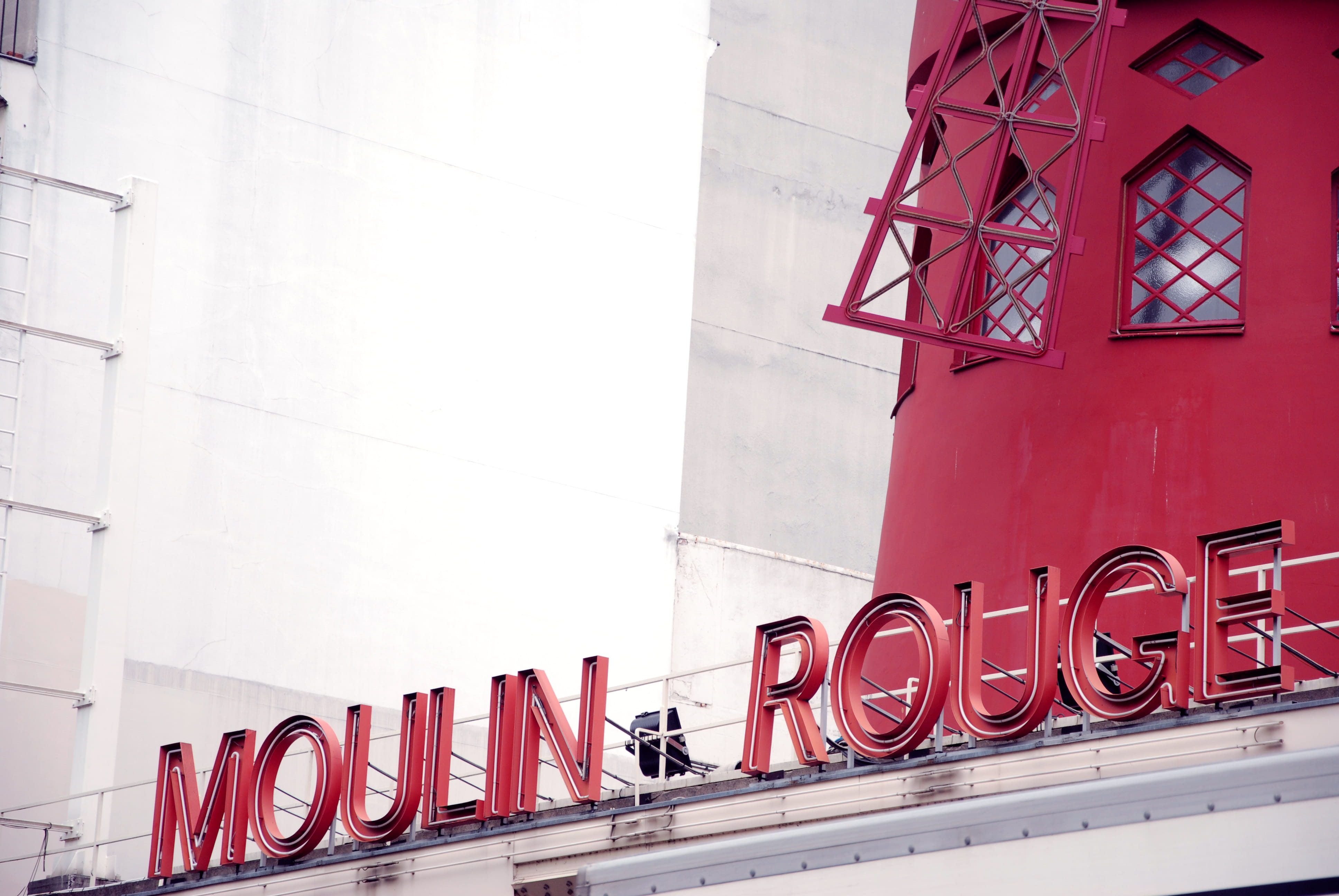 red, building, city, paris, low angle view, transportation, 4K, western script, moulinrouge, built structure, day, sky, wall - building feature, france, HD Wallpaper