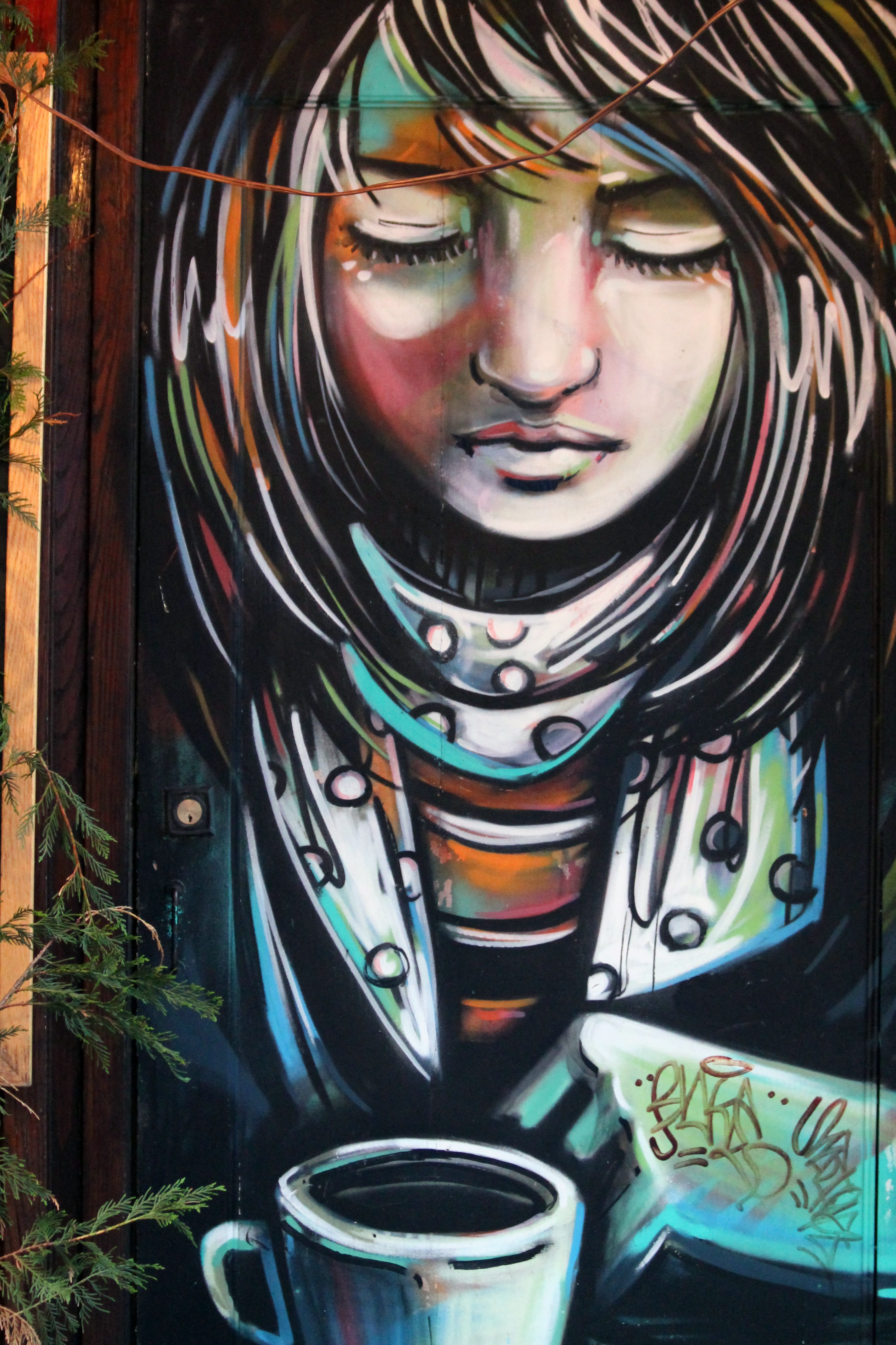 headshot, human face, nyc, wall, painting, girl, street, casual clothing, artist, glasses, women, glass, 4K, colorful, cup of coffee, front view, teenager, Phone HD Wallpaper
