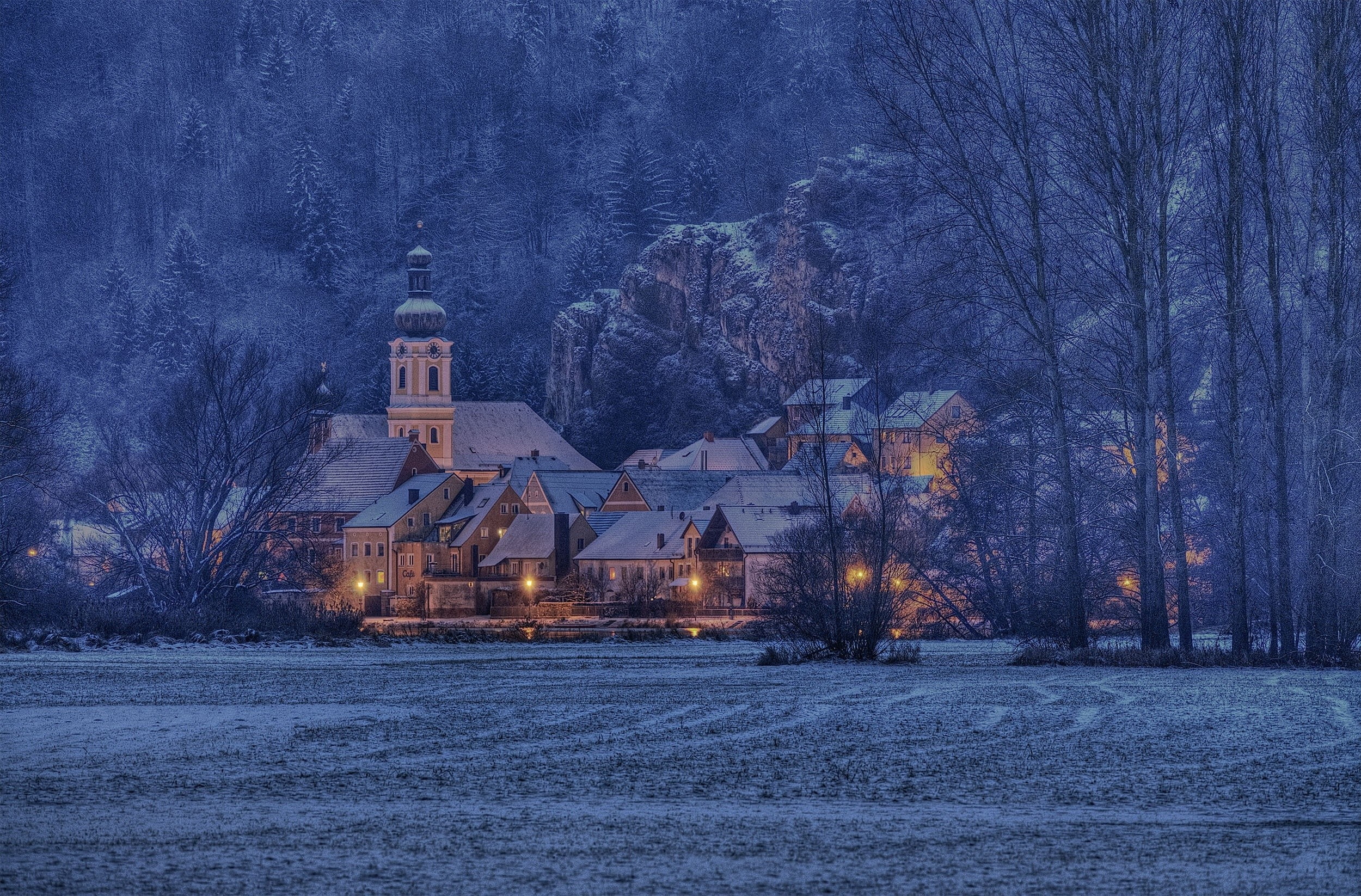 outdoors, scenics - nature, bare tree, plant, building, snow, snowing, built structure, church, tree, winter, tower, blue, land, evening, dusk, religion, HD Wallpaper