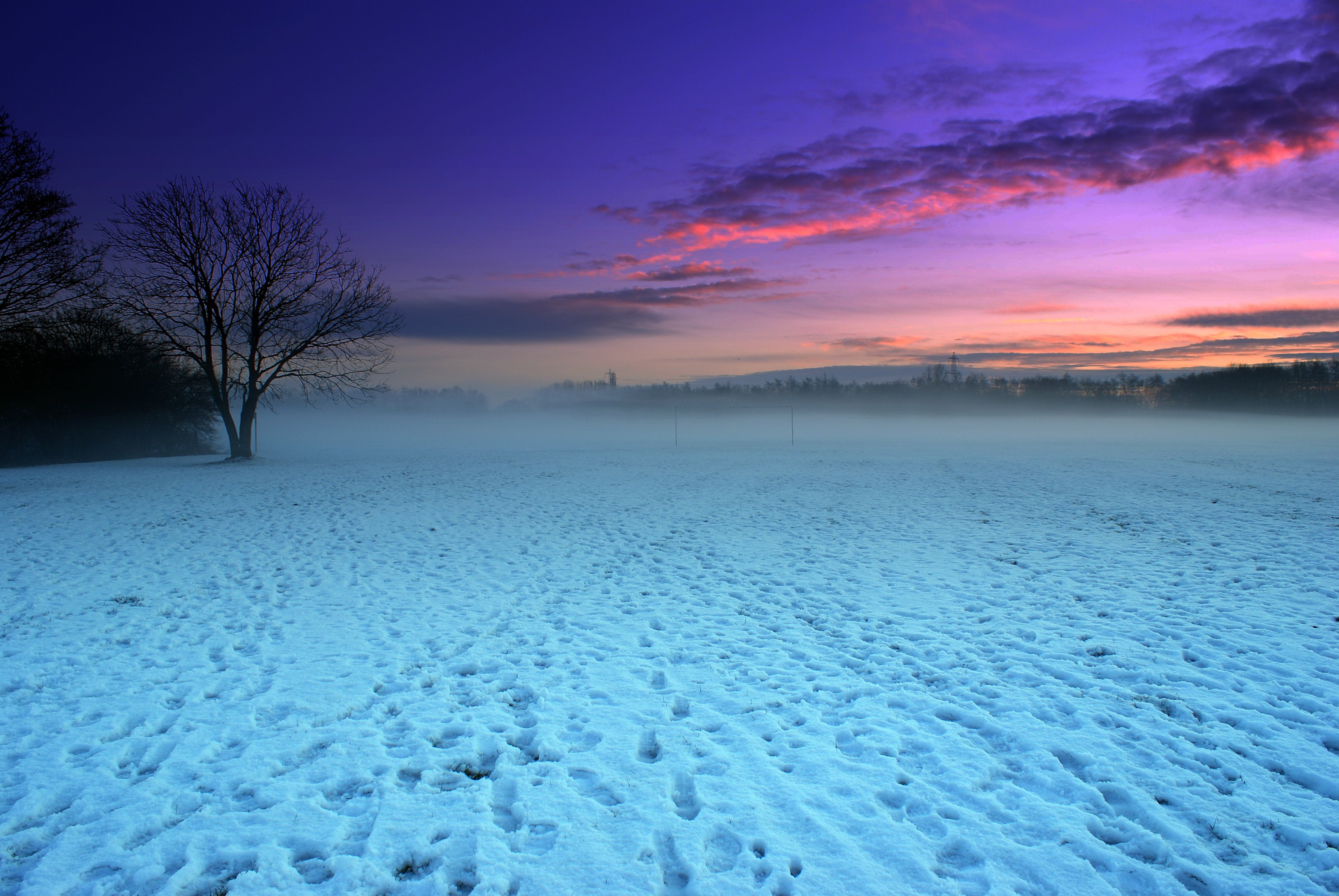 landscape, nature, Sunset, blue, frost, season, snow, evening, scenics, forest, walk in, footprints, bare, sky, frozen, winter, mist, 4K, red  sky, outdoors, HD Wallpaper