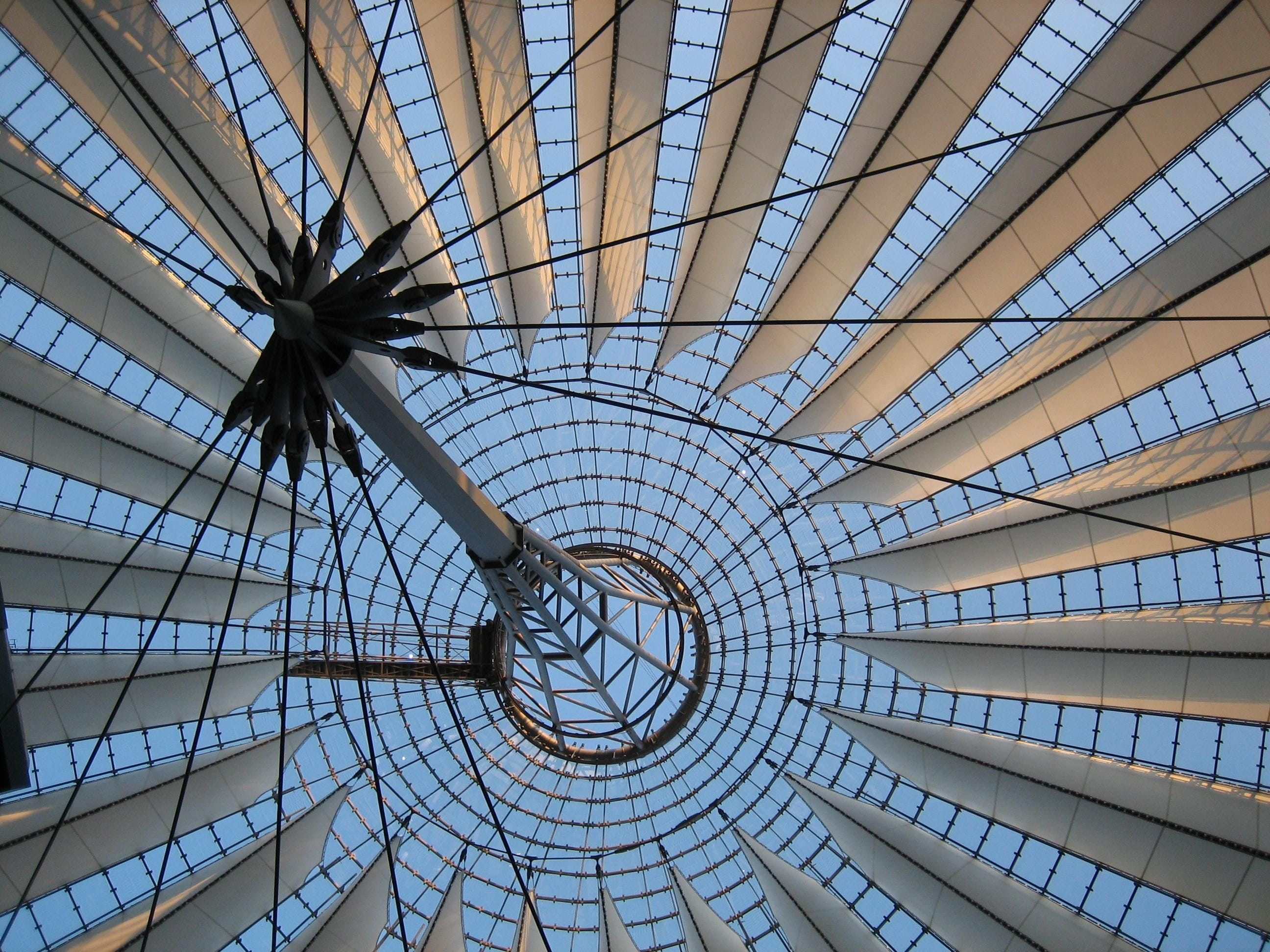 modern, skylight, directly below, built Structure, platz, design, indoors, alloy, ceiling, concentric, potsdamer, construction, glass - Material, interior, HD Wallpaper