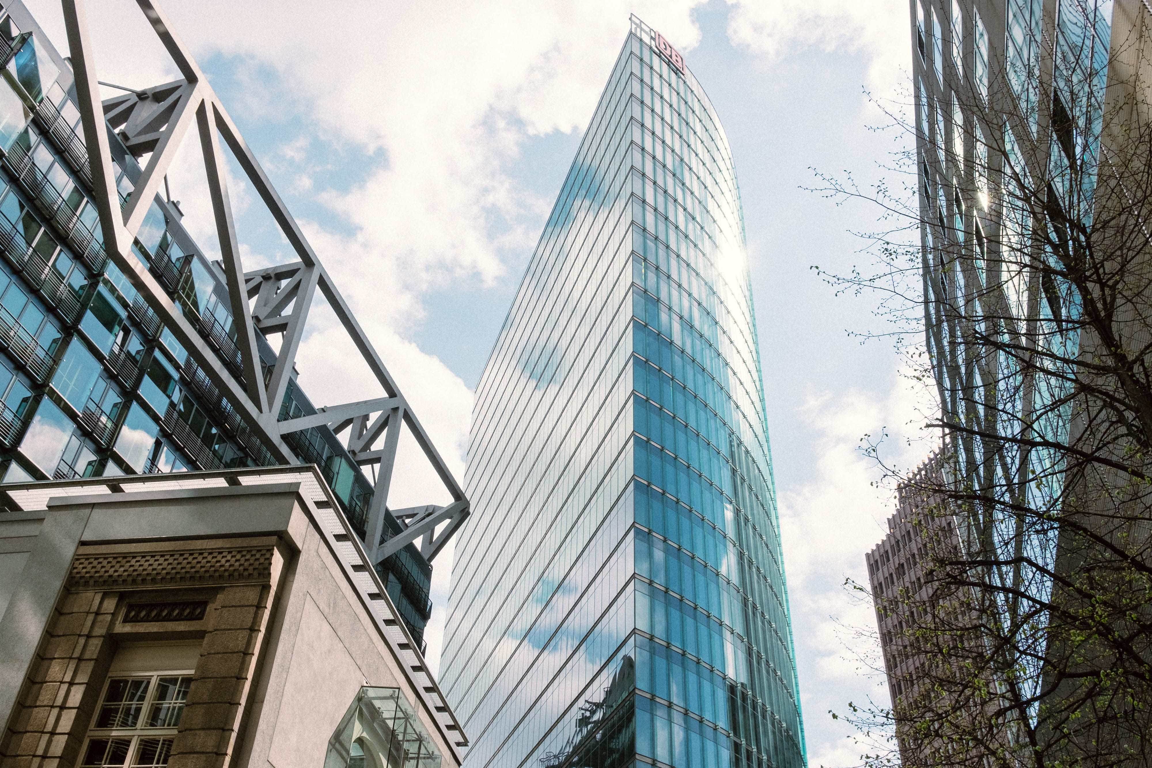 city, blue, modern, business, low angle view, architecture, city Life, Potsdamer Platz, cityscape, office building exterior, steel, built Structure, urban Scene, HD Wallpaper