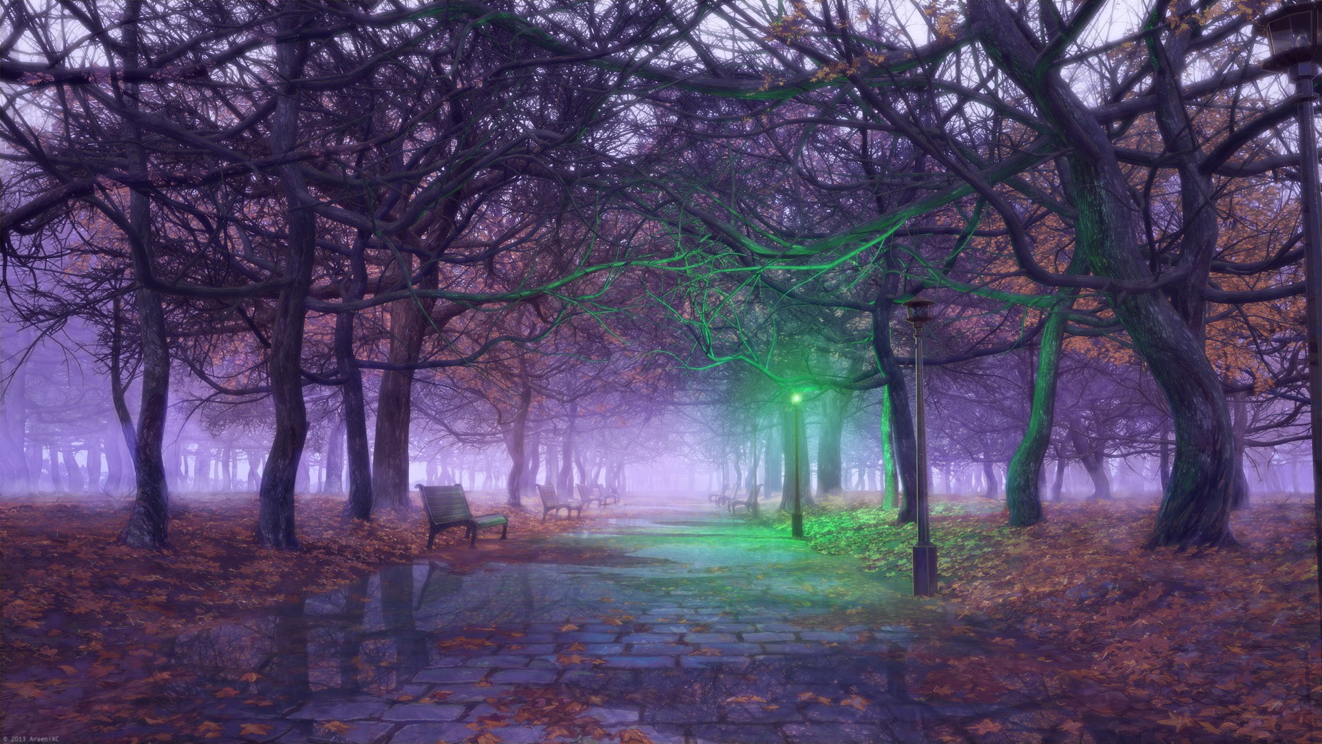 trees, ArseniXC, lantern, leaves, digital art, bench, 1080P, fall, park, HD Wallpaper