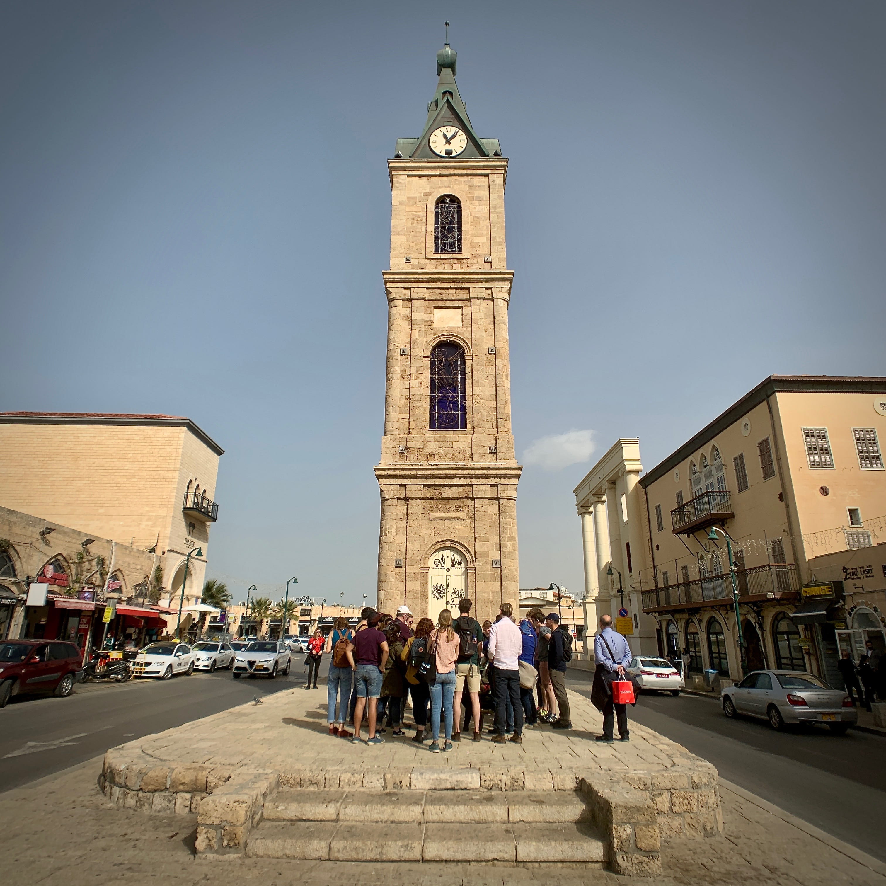 religion, car, urban, building, built structure, jaffa, tower, person, building exterior, group of people, automobile, clock tower, blue, real people, sky, Phone HD Wallpaper
