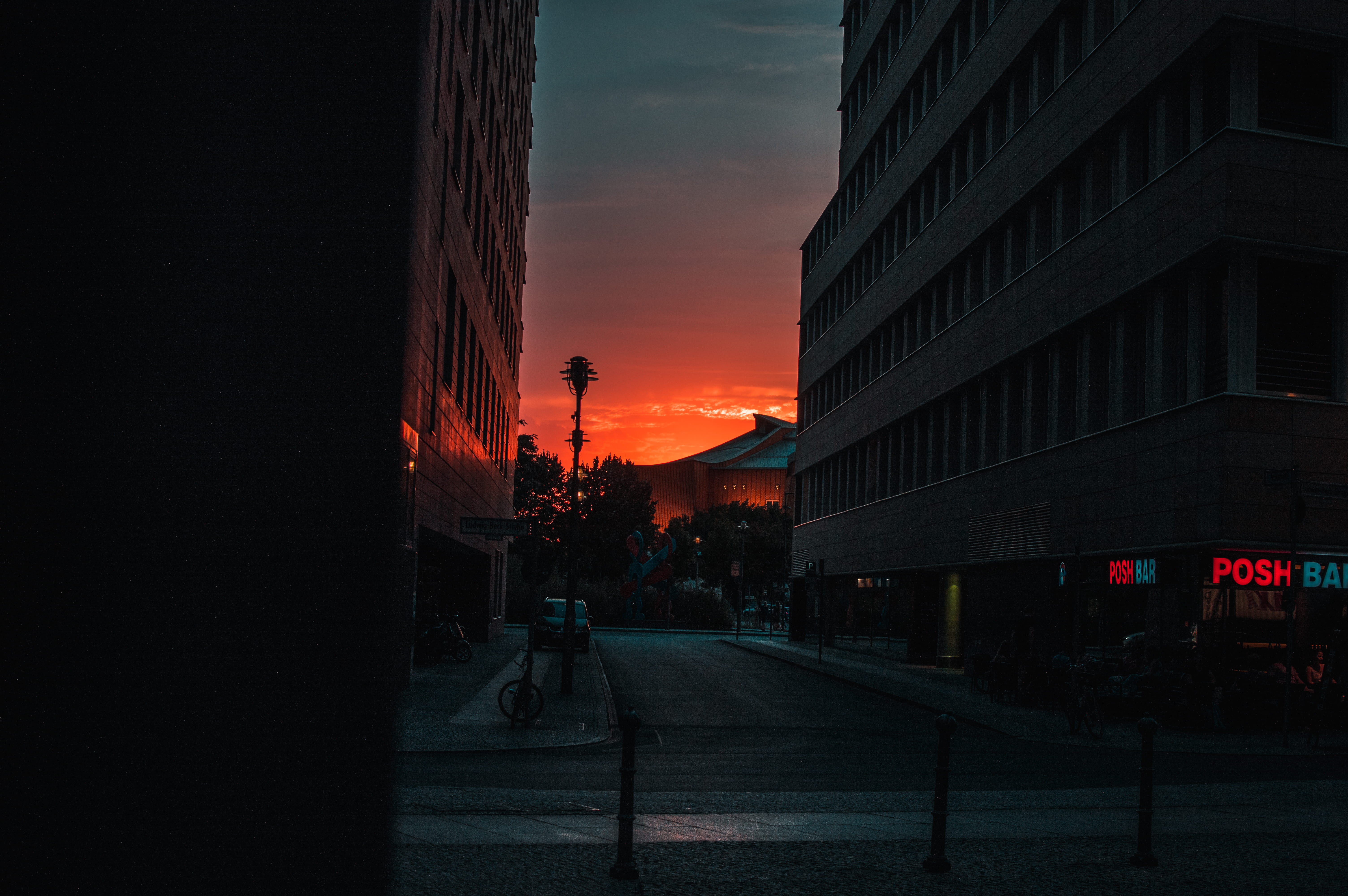 sky, cloud - sky, direction, 5K, building, potsdamer platz, architecture, deutschland, silhouette, orange color, building exterior, street, car, mode of transportation, HD Wallpaper