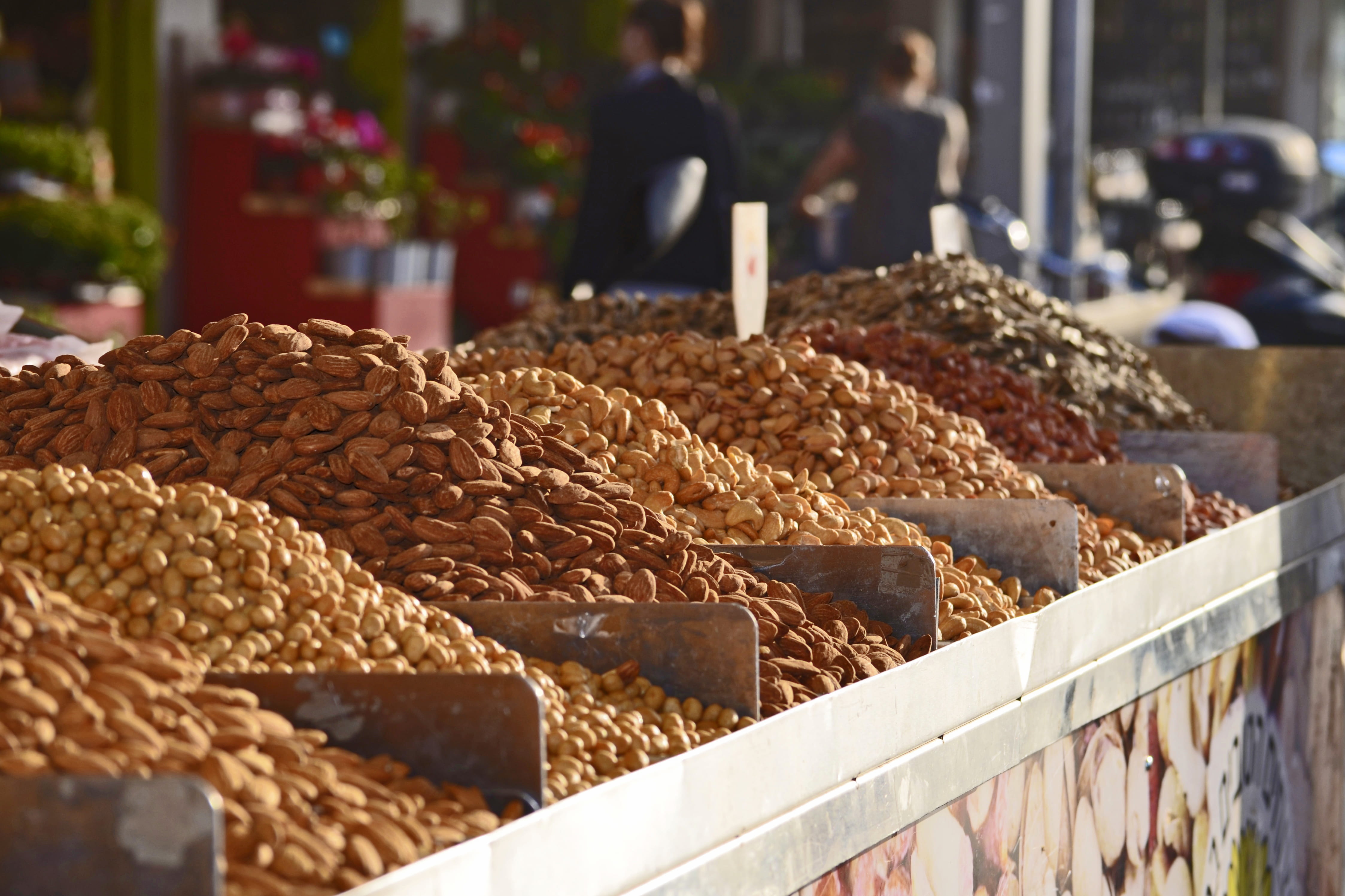 almonds, close-up, focus on foreground, nuts, shopping, marketplace, freshness, healthy, variety, market, container, food shops, wellbeing, tel aviv-yafo, HD Wallpaper
