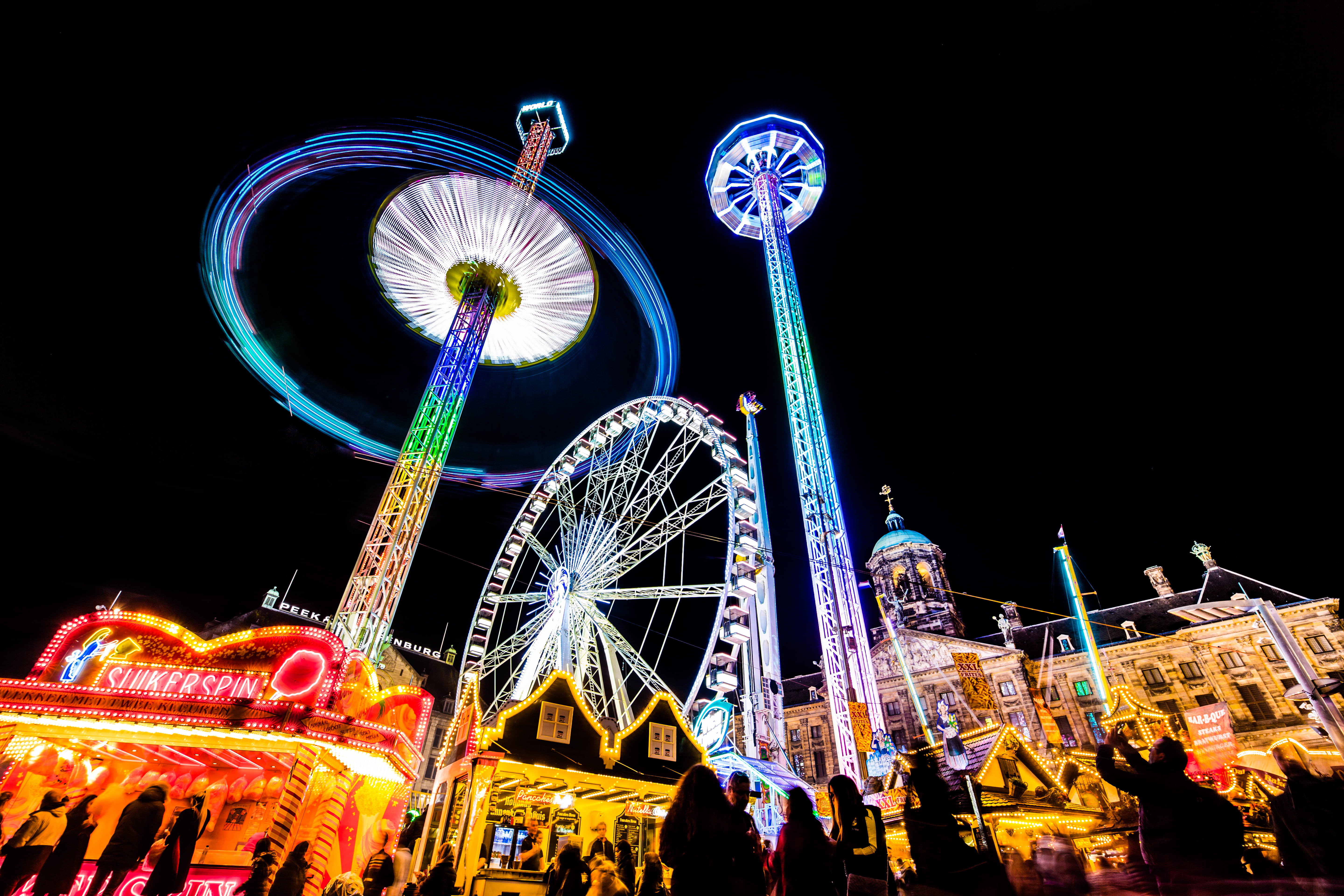 fun, low angle view, carnival, swing, carnaval, nightlife, celebration, light, city, illuminated, outdoors, 5K, angle, amusement park ride, amsterdam, HD Wallpaper