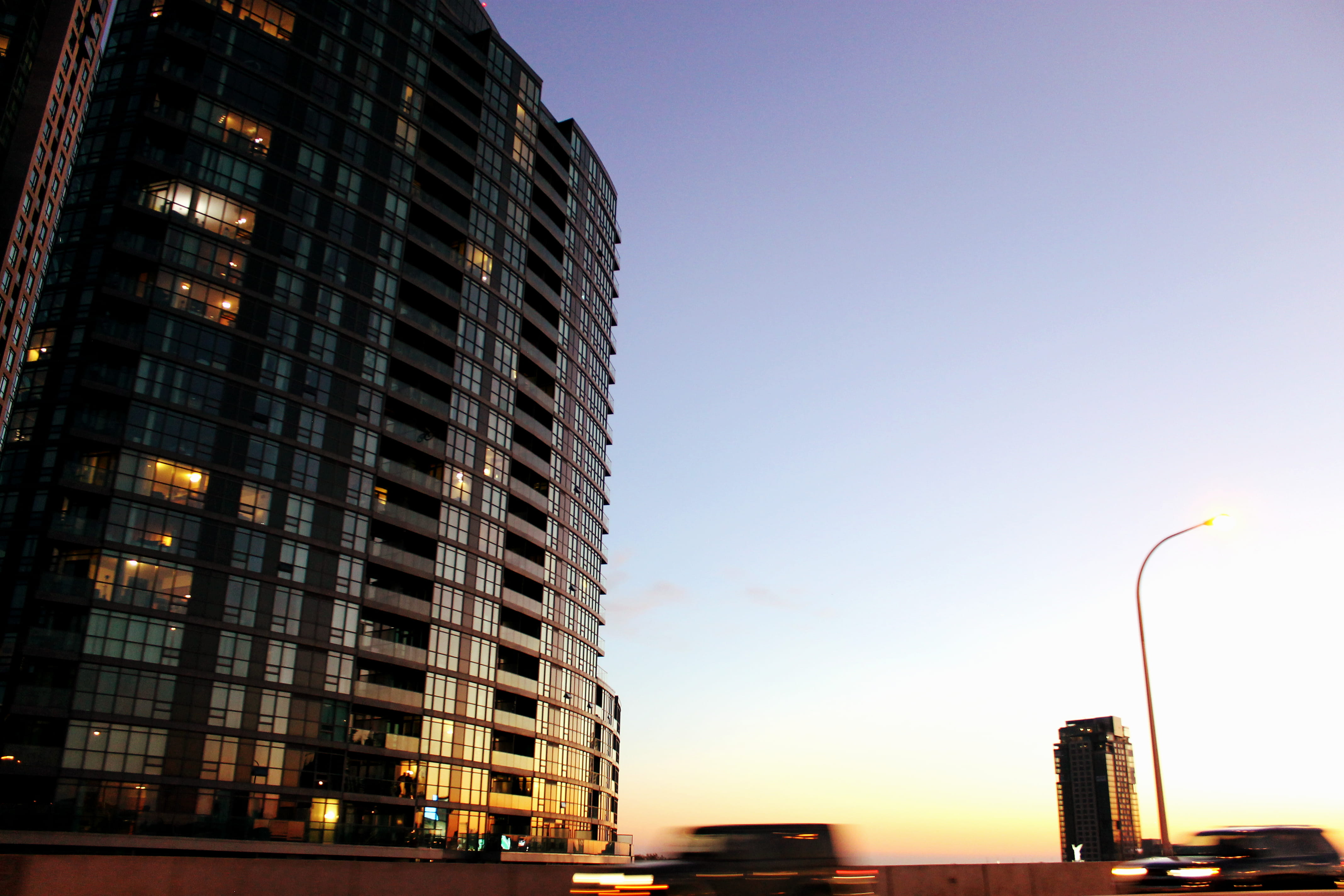 architecture, sunset, city, no people, building, lakeshore, street, dusk, nature, illuminated, low angle view, toronto, built structure, highway, views, HD Wallpaper