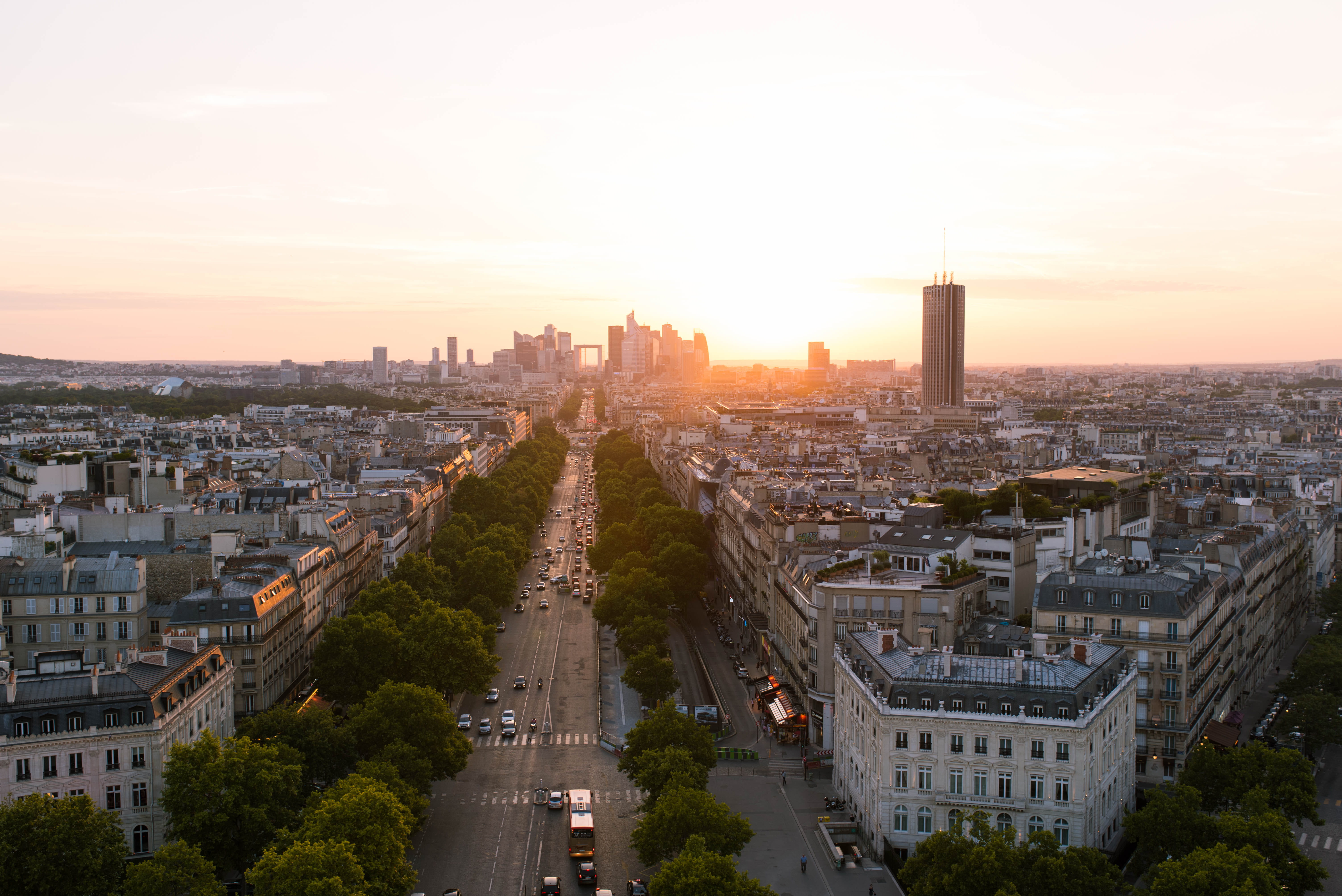 european, europe, boulevard, outdoors, summer, architecture, no people, sunset, skyscraper, high angle view, urban, orange, skyscrapers, tower, france, HD Wallpaper