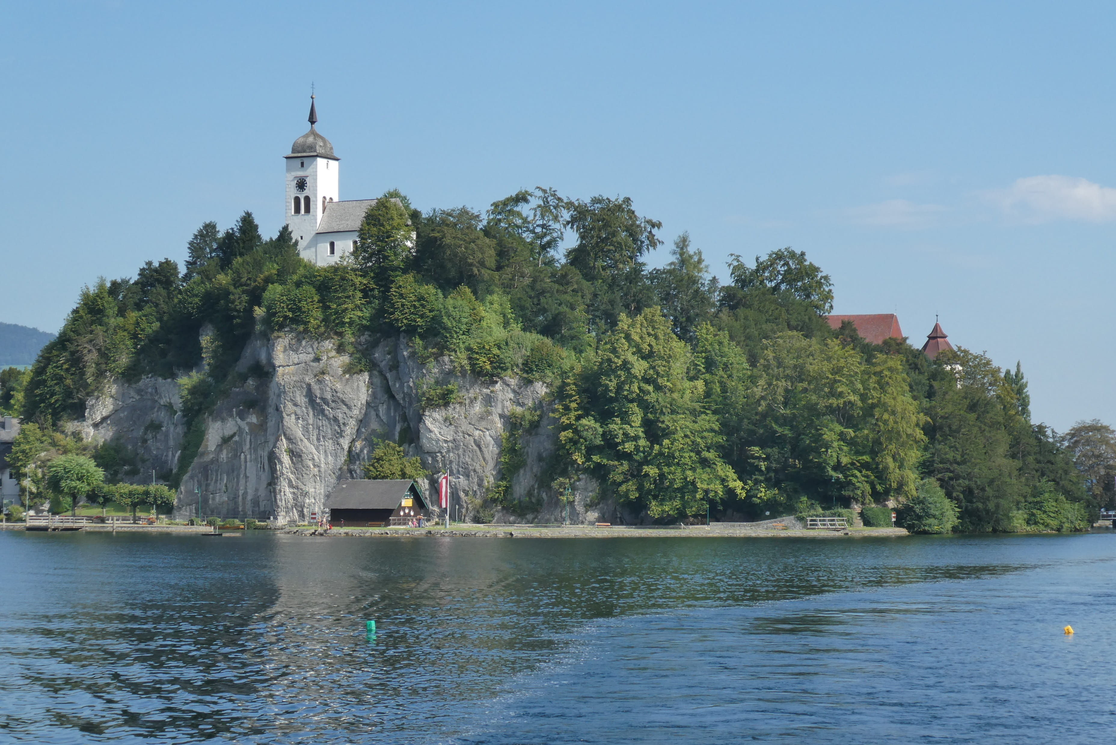 traunsee, tree, growth, building, tower, church, river, travel, beauty in nature, built structure, place of worship, day, travel destinations, waterfront, HD Wallpaper