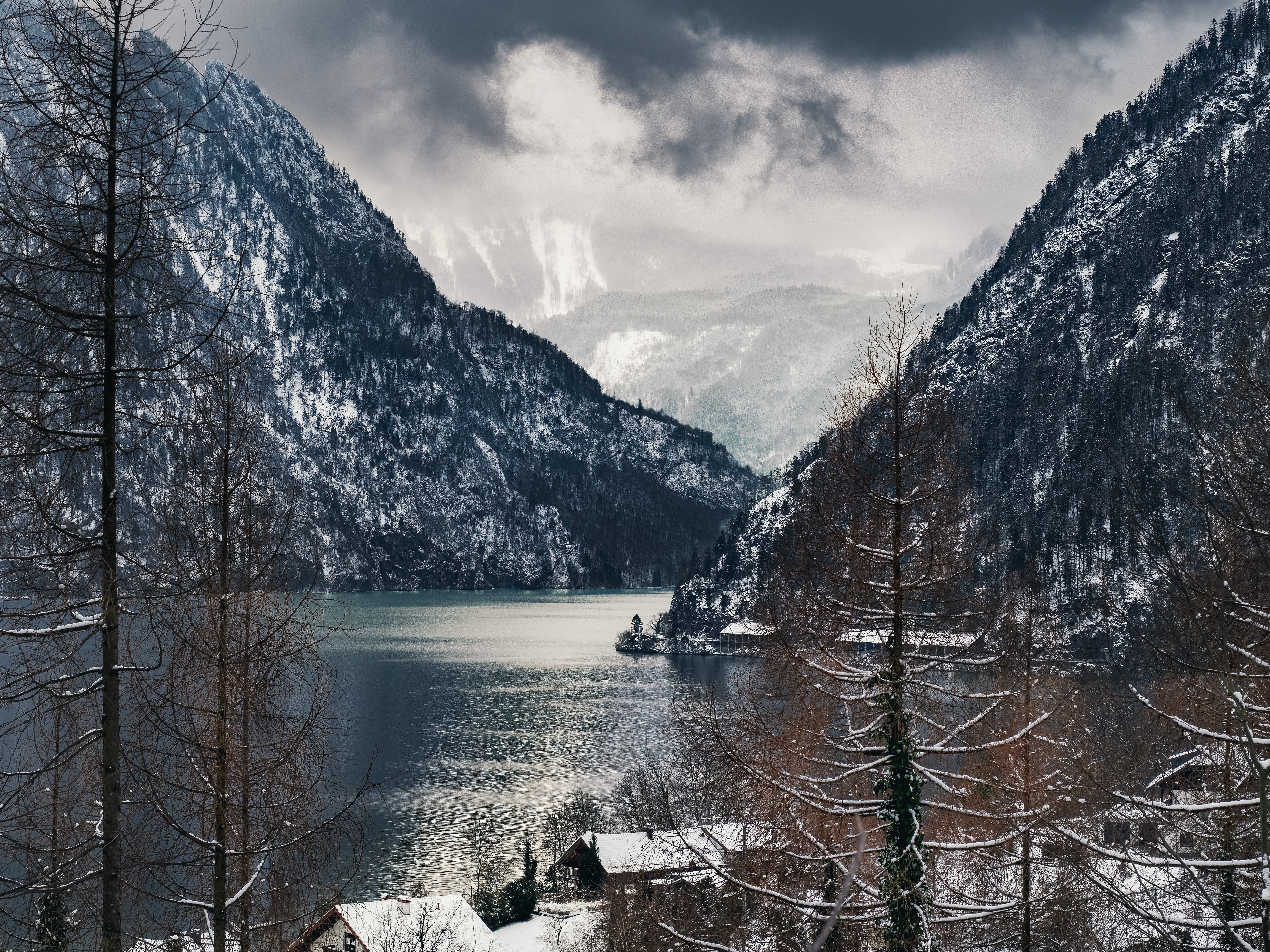 outdoors, winter, landscape, scenics - nature, tree, traunkirchen, snow, no people, tranquility, non-urban scene, winter cold, water, clouds, plant, village, HD Wallpaper