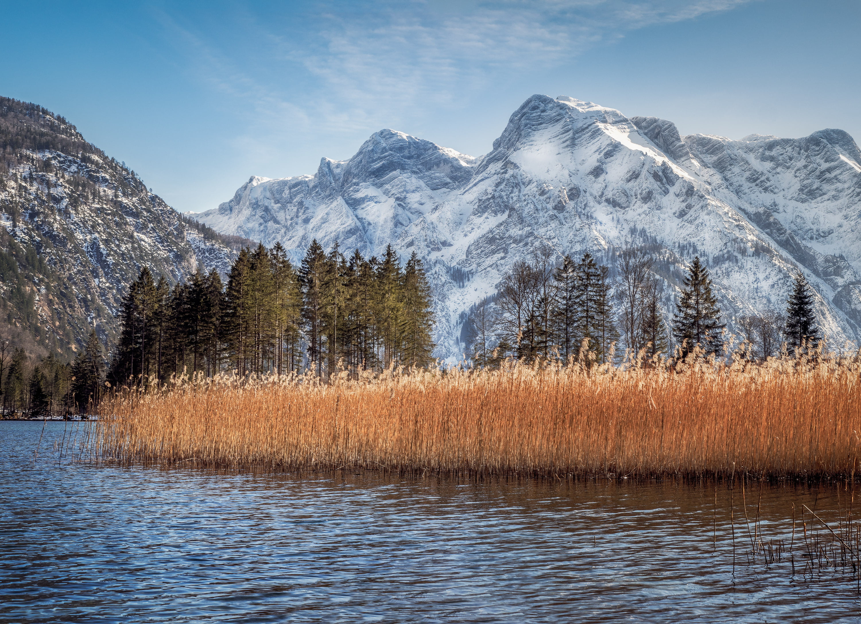 beauty In Nature, Oberösterreich, mountain, autumn, Almsee, reflection, landscape, 2K, Grünau im Almtal, forest, snow, nature, covered, daytime, water, HD Wallpaper