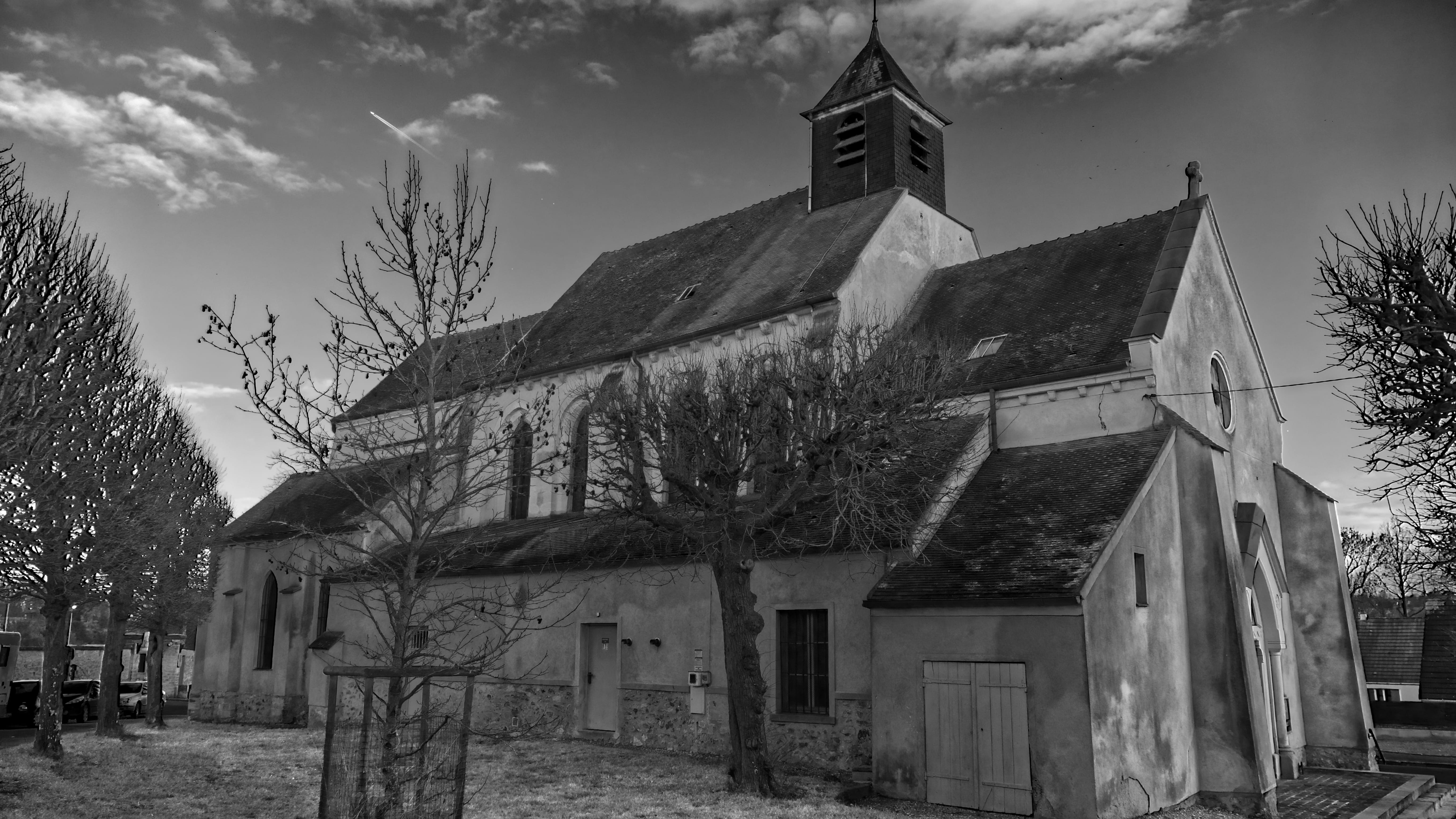 shelter, church, cloud - sky, house, france, tree, sky, weather, rural, spire, building exterior, 5K, housing, door, place of worship, outdoors, day, history, HD Wallpaper