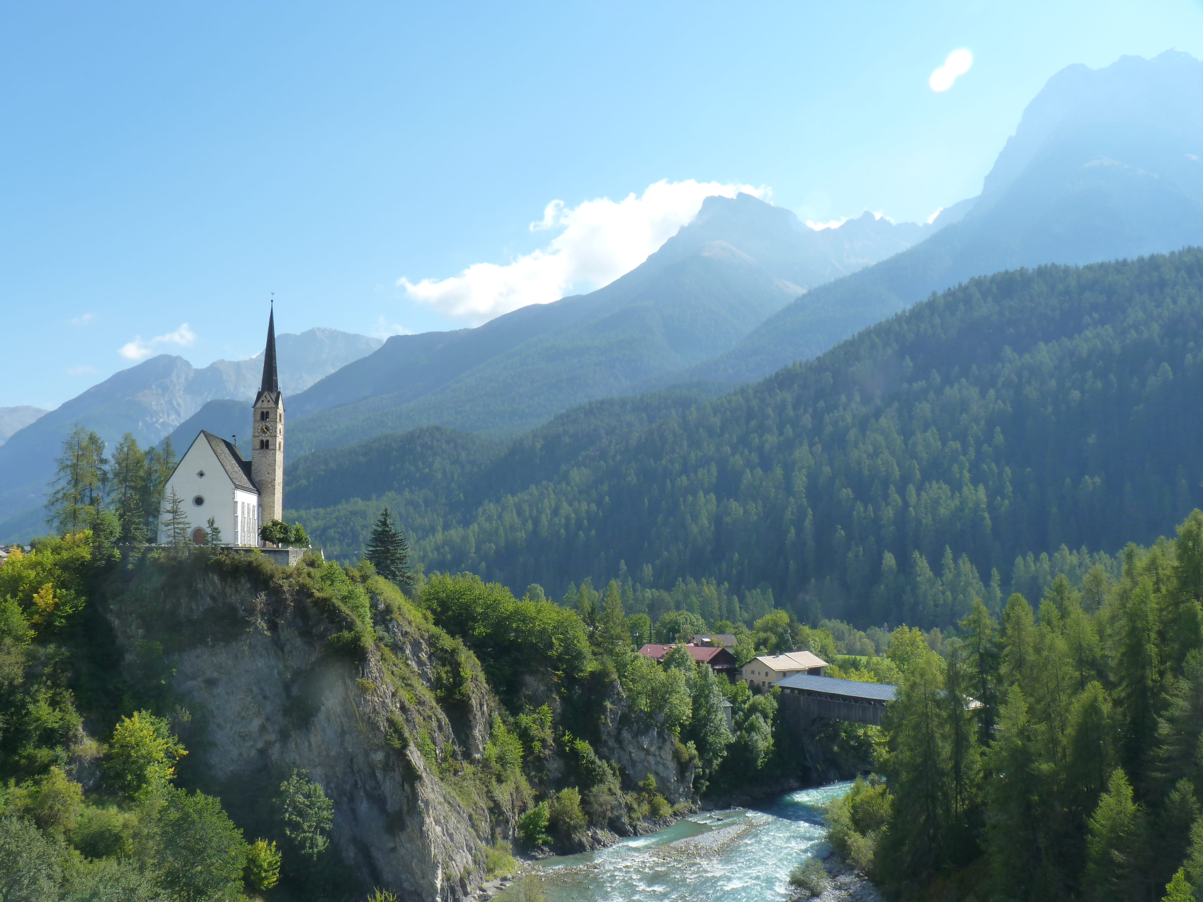 belief, plant, église, sky, trees, pont, nature, spirituality, scenics - nature, mountain, tree, switzerland, place of worship, rock, 4K, mountain range, HD Wallpaper