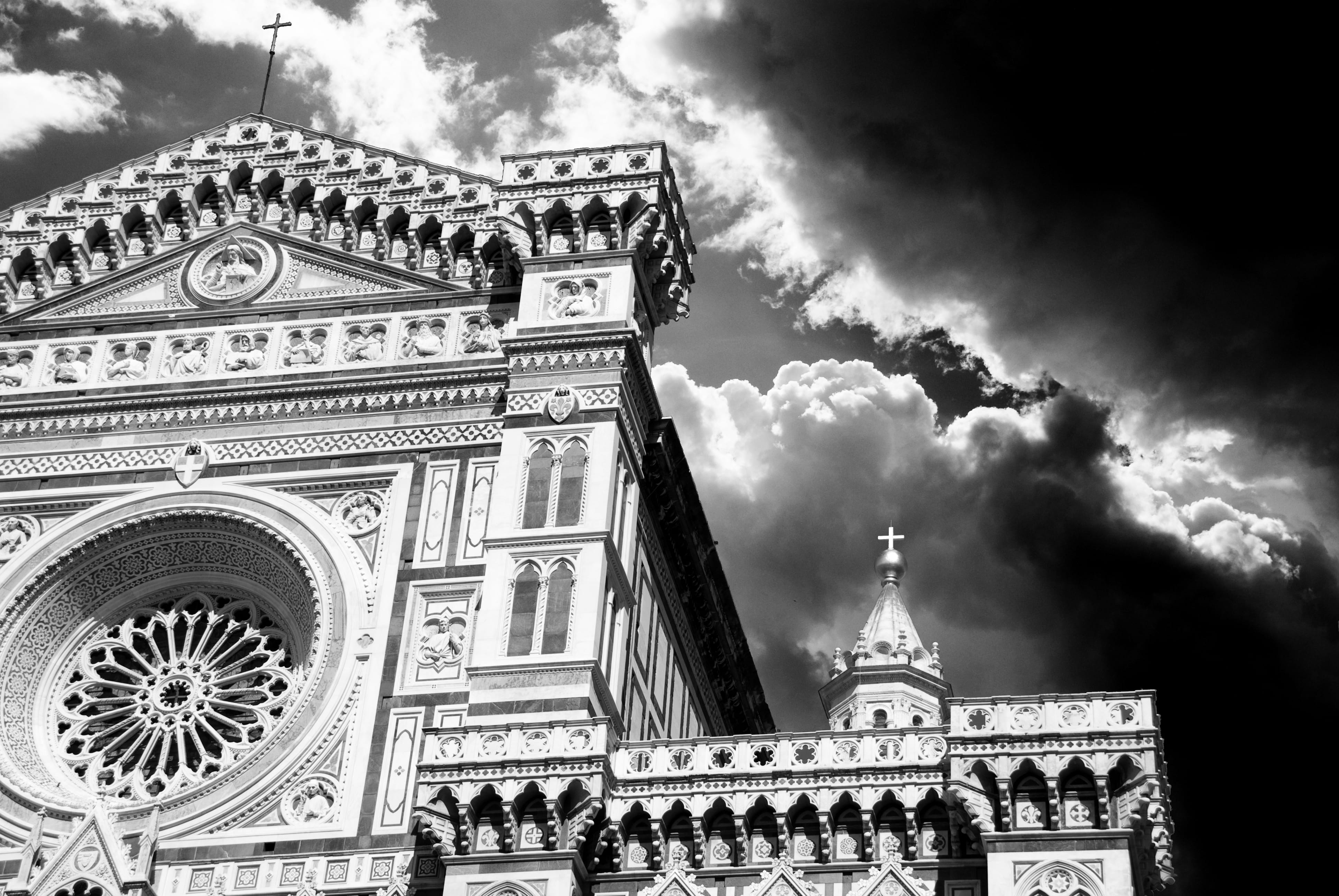 noir et blanc, ornate, duomo, italie, firenze, day, cloud - sky, built structure, city, nature, art and craft, history, the past, florence, architecture, HD Wallpaper