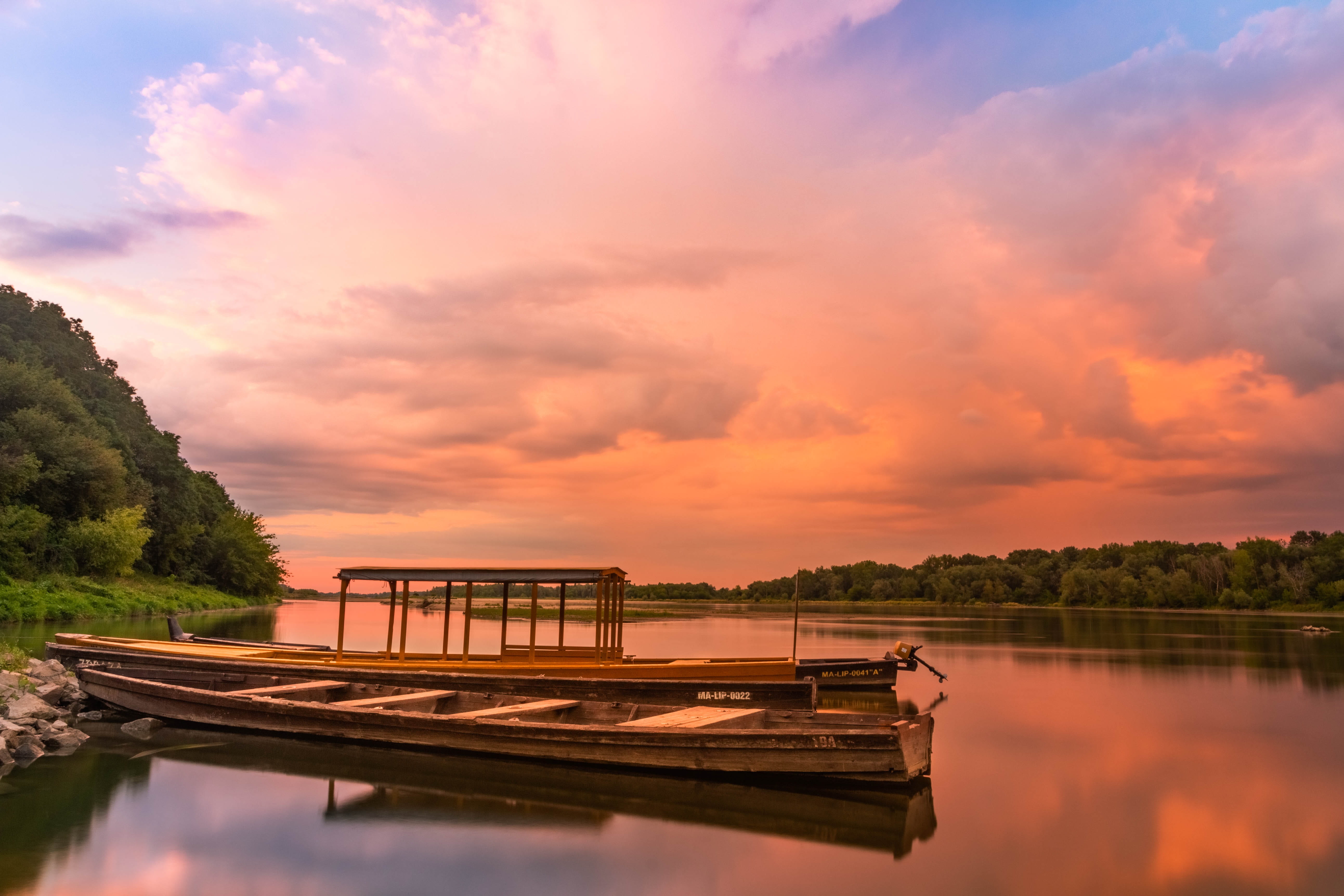 landscape, glow, tree, light, river, clouds, tranquility, swimming pool, 5K, summer, sunset, nature, plant, lit, reflection, water, scenics - nature, cloud - sky, HD Wallpaper