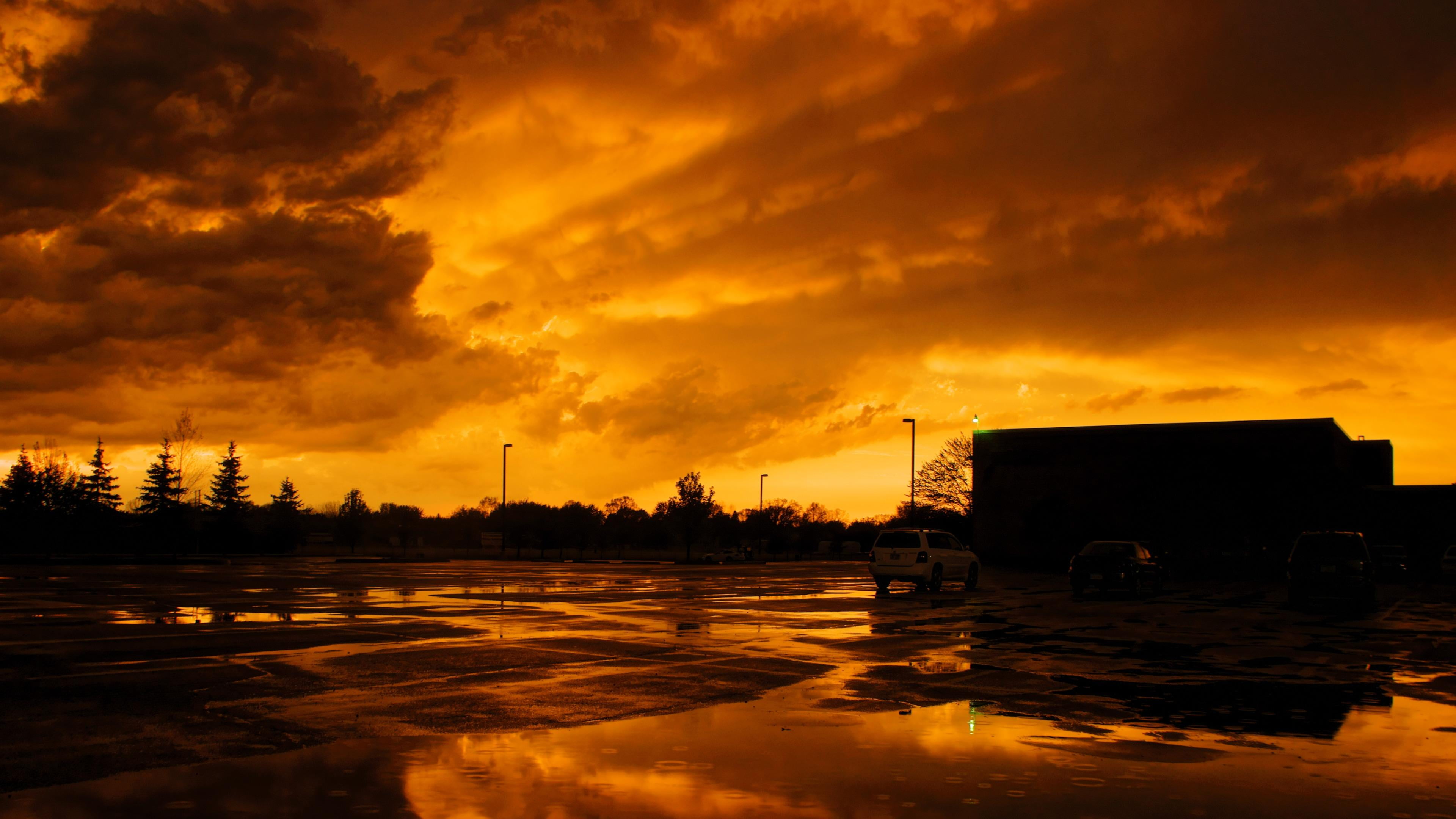 outdoors, industry, architecture, built structure, night, sunset, orange sky, orange color, mode of transportation, trees, beauty in nature, water, motor vehicle, HD Wallpaper