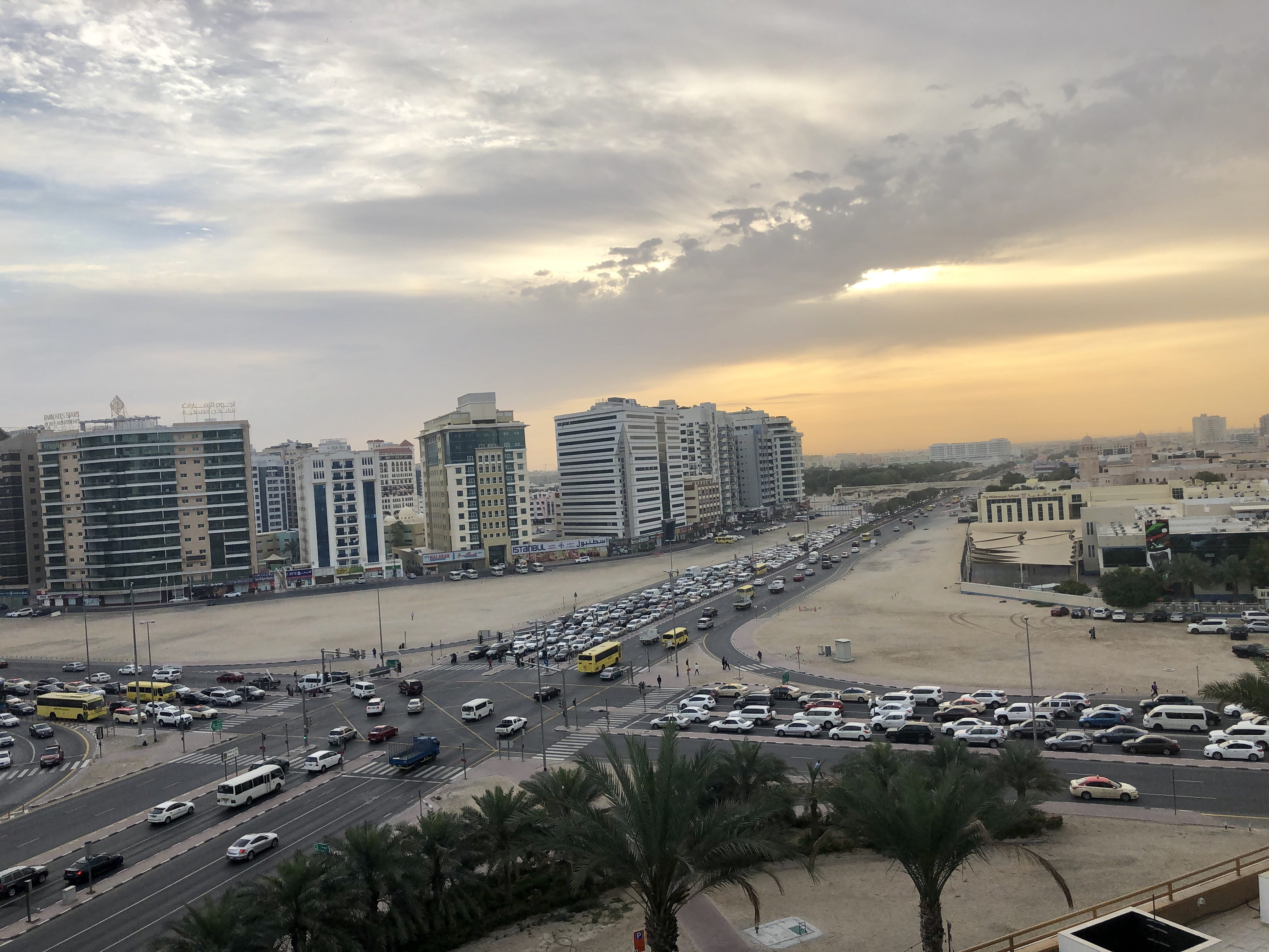 4K, sky, transportation, high angle view, street, no people, sunset, building, building exterior, way, dubai, intersection, 54 amman st - dubai - united arab emirates, HD Wallpaper